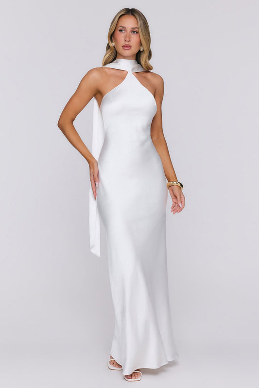 Angelic Love Halter Satin Maxi Dress Cream