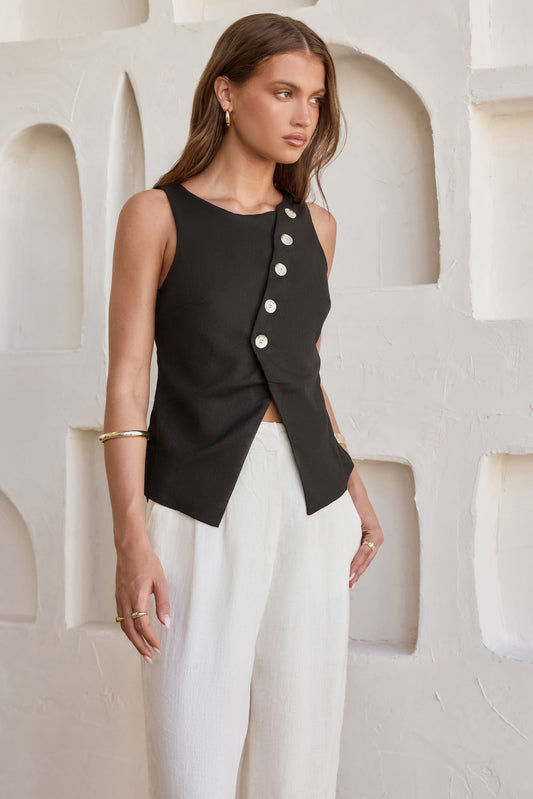 Days In Linen Blend Top Black