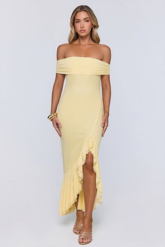 Daily Glow Off Shoulder Mesh Midi Dress Yellow