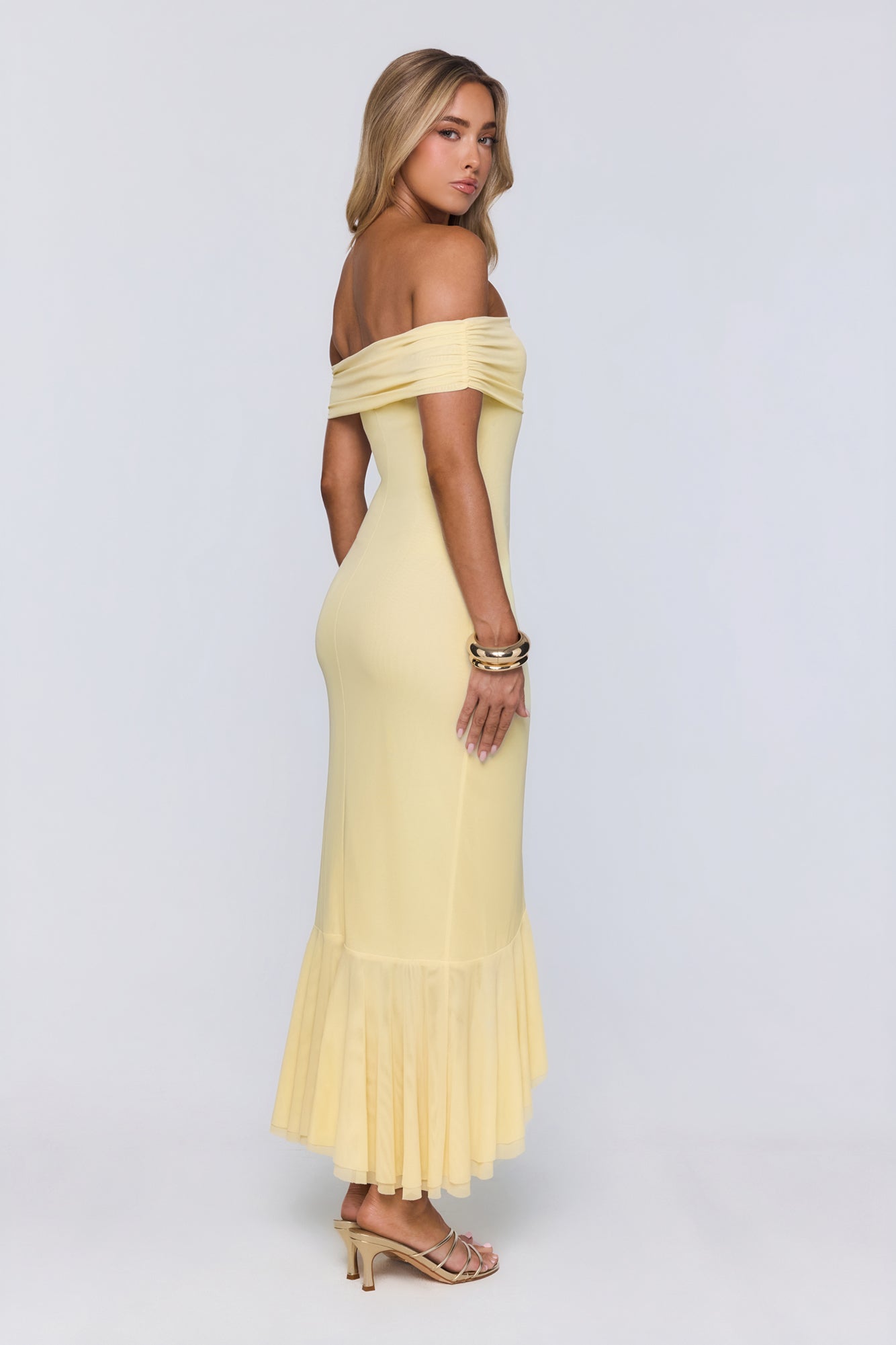 Daily Glow Off Shoulder Mesh Midi Dress Yellow
