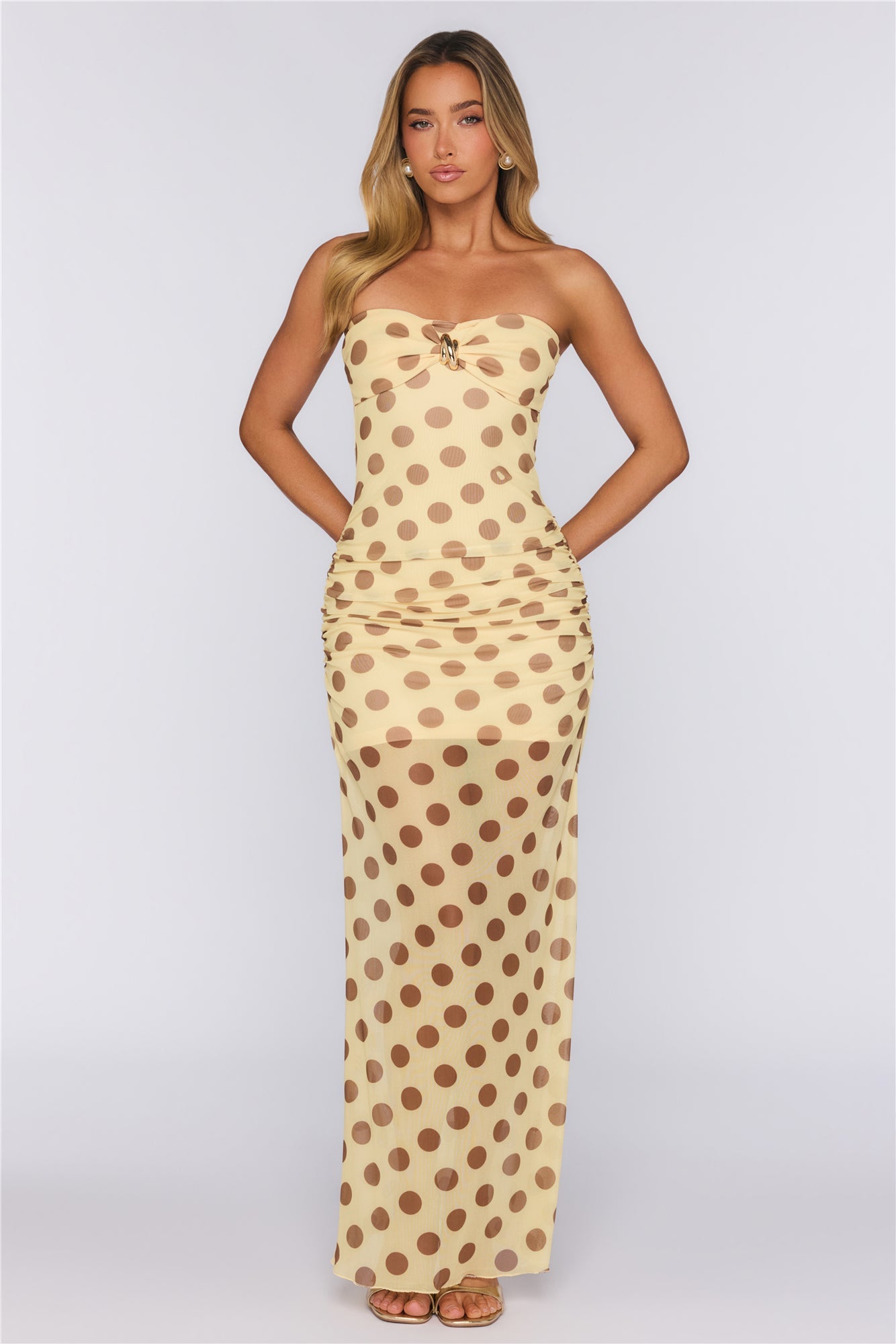 Love After Dark Mesh Polka Dot Strapless Maxi Dress Yellow