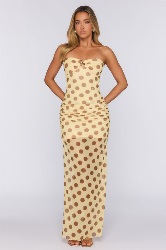 Love After Dark Mesh Polka Dot Strapless Maxi Dress Yellow