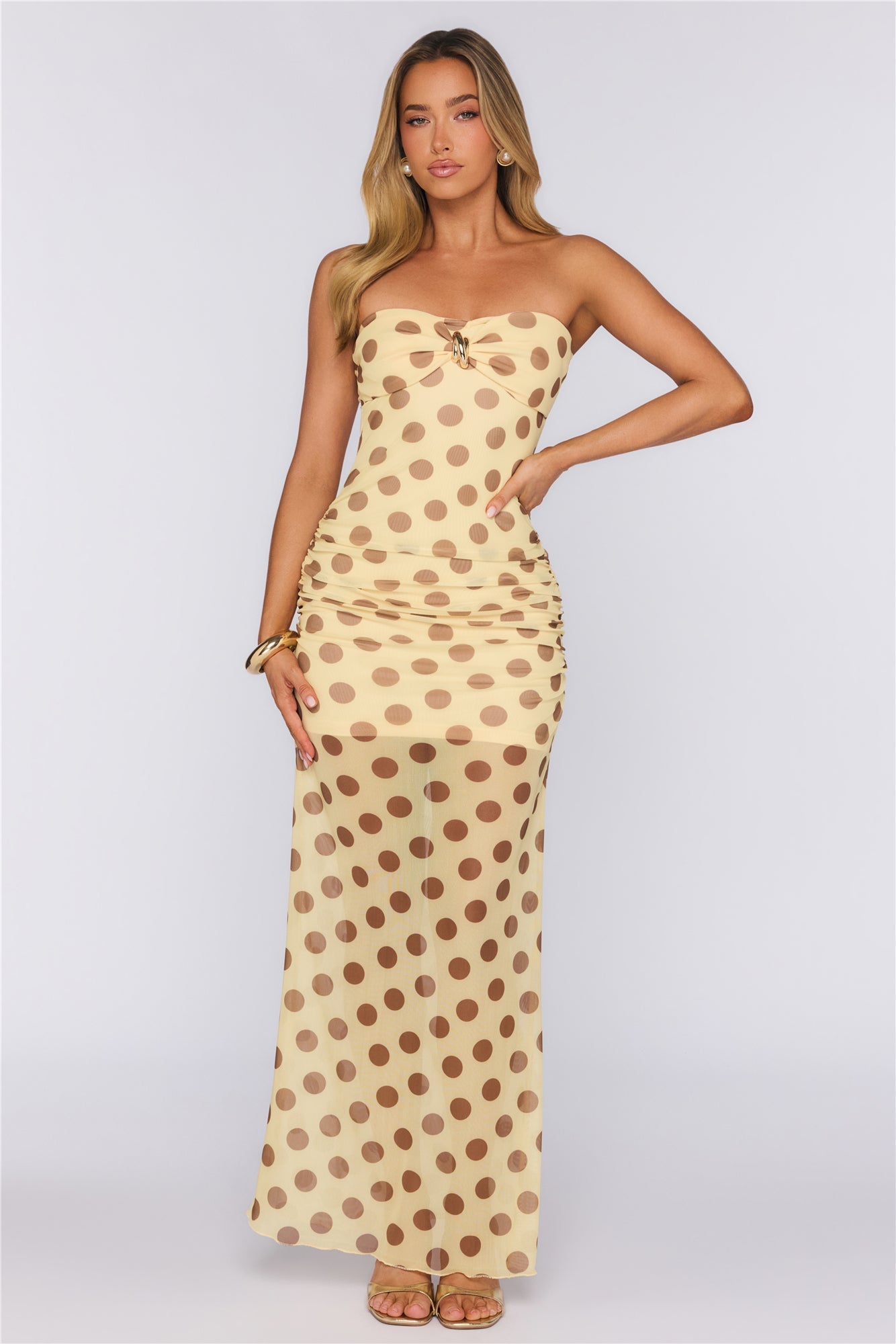 Love After Dark Mesh Polka Dot Strapless Maxi Dress Yellow