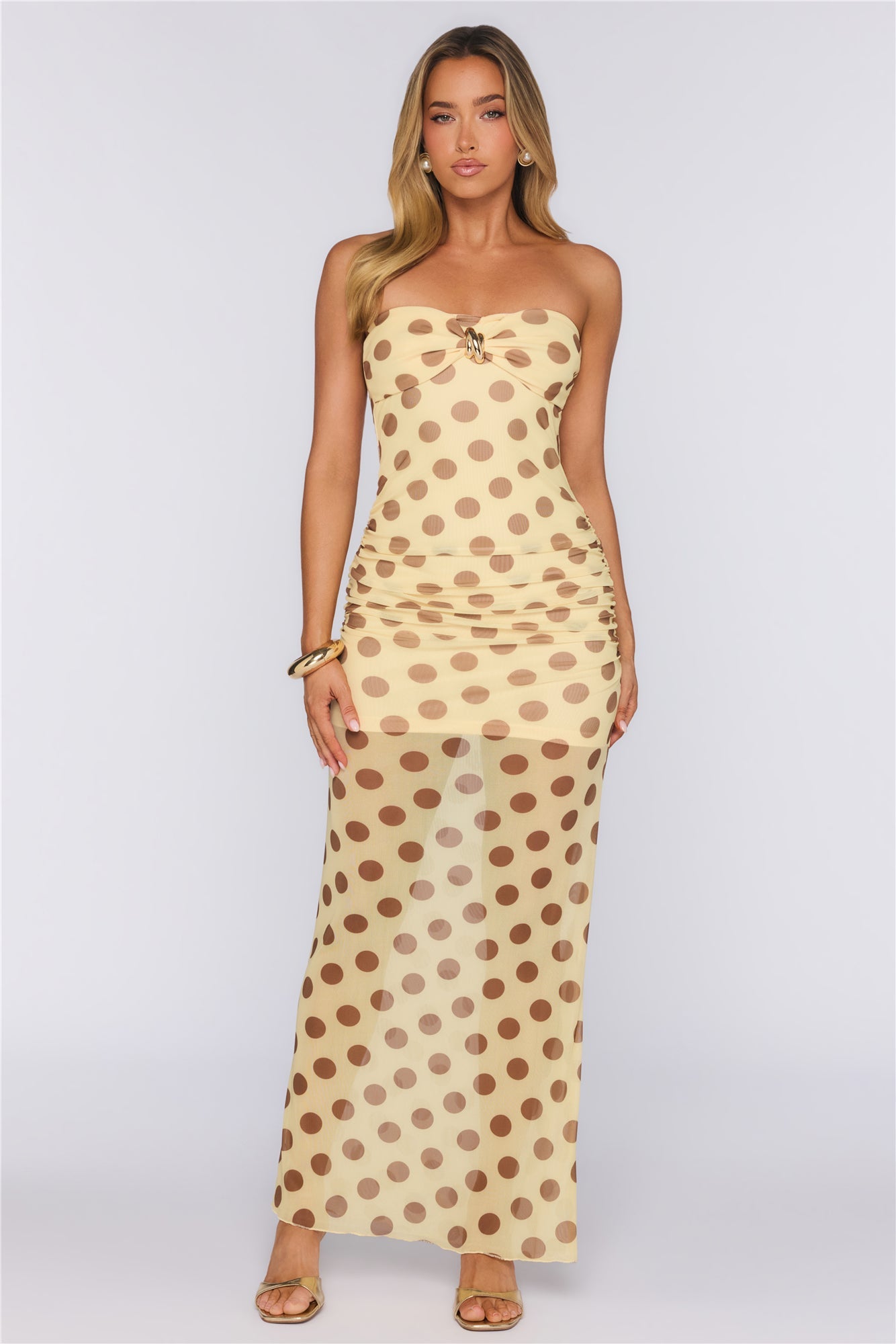 Love After Dark Mesh Polka Dot Strapless Maxi Dress Yellow