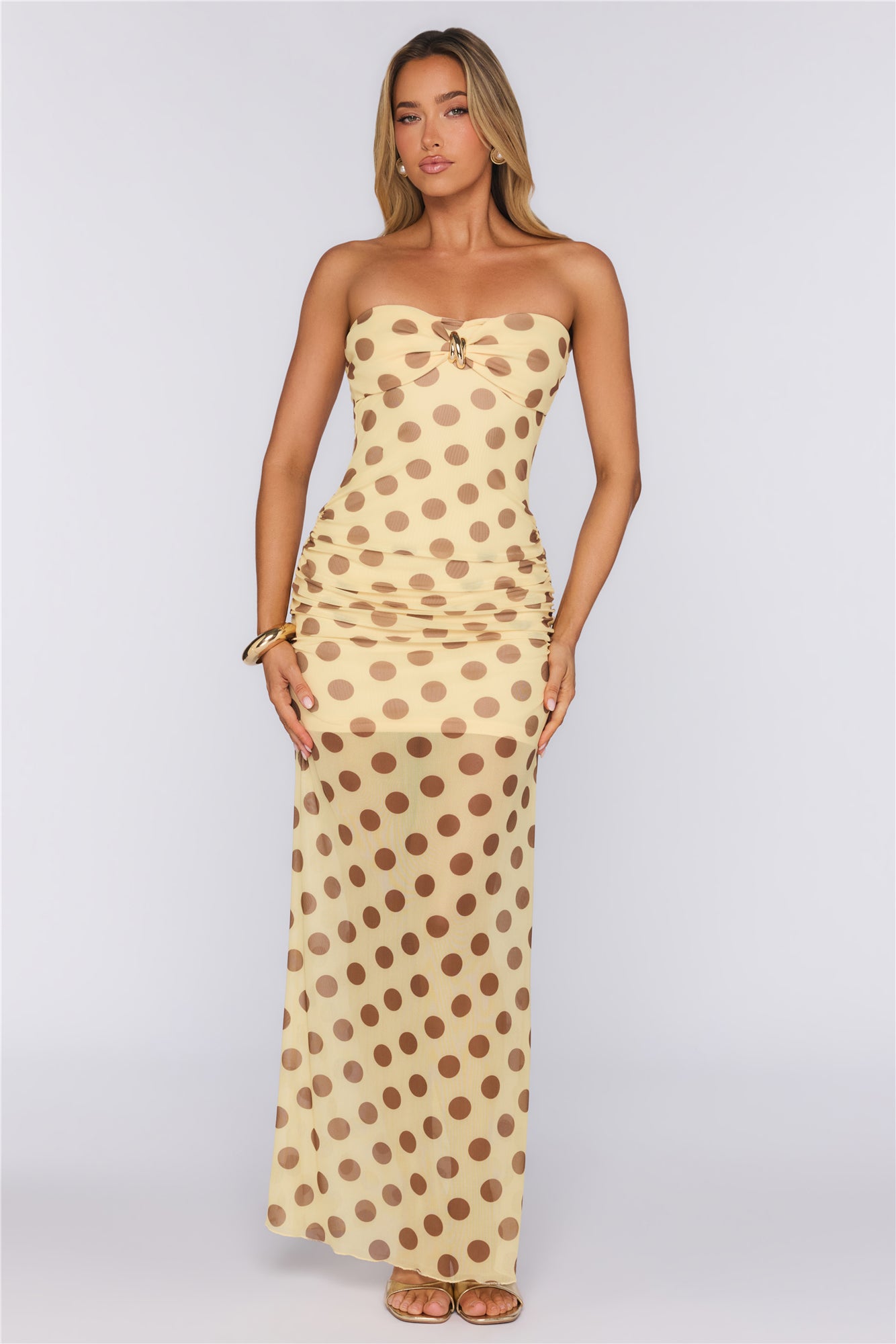 Love After Dark Mesh Polka Dot Strapless Maxi Dress Yellow