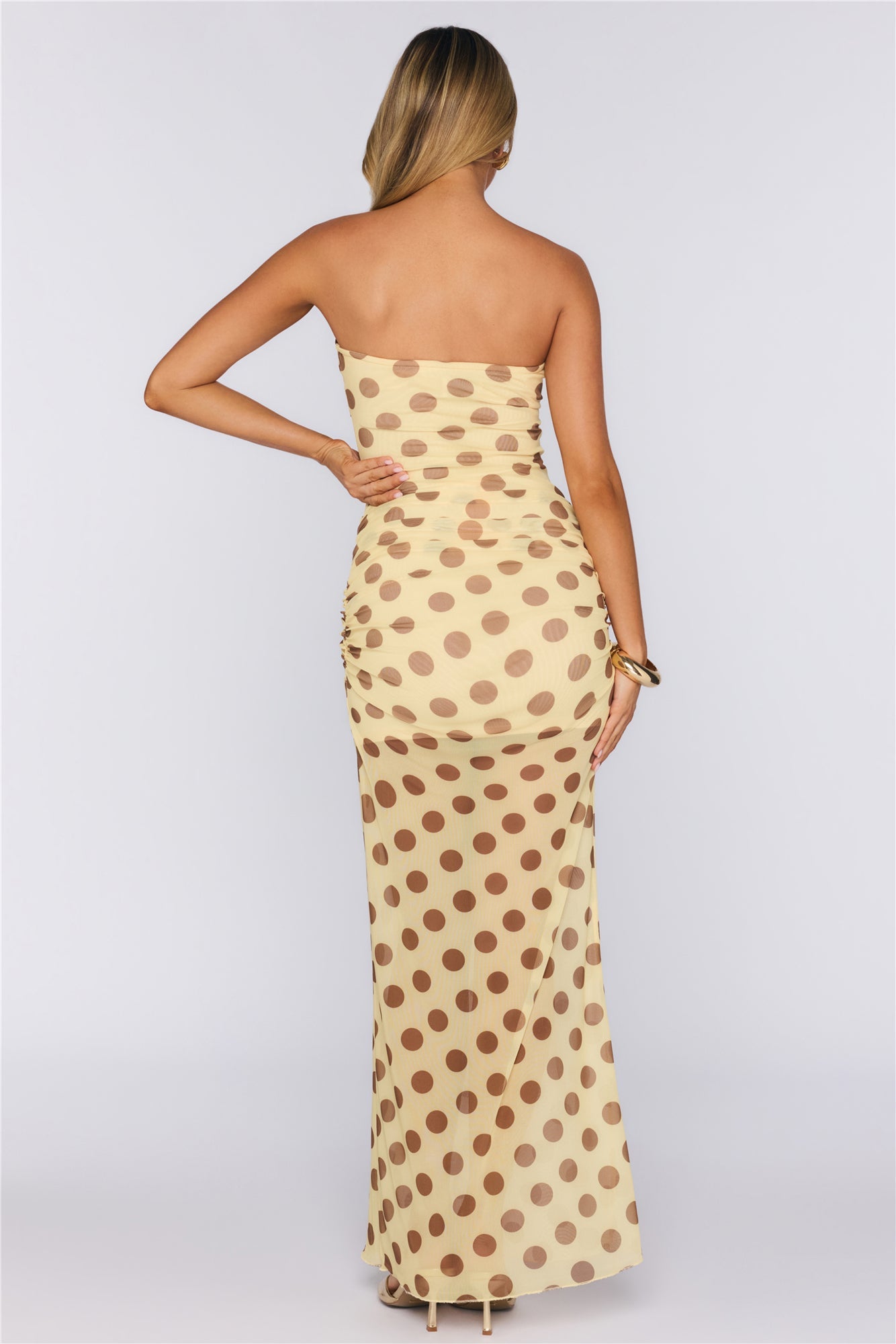 Love After Dark Mesh Polka Dot Strapless Maxi Dress Yellow