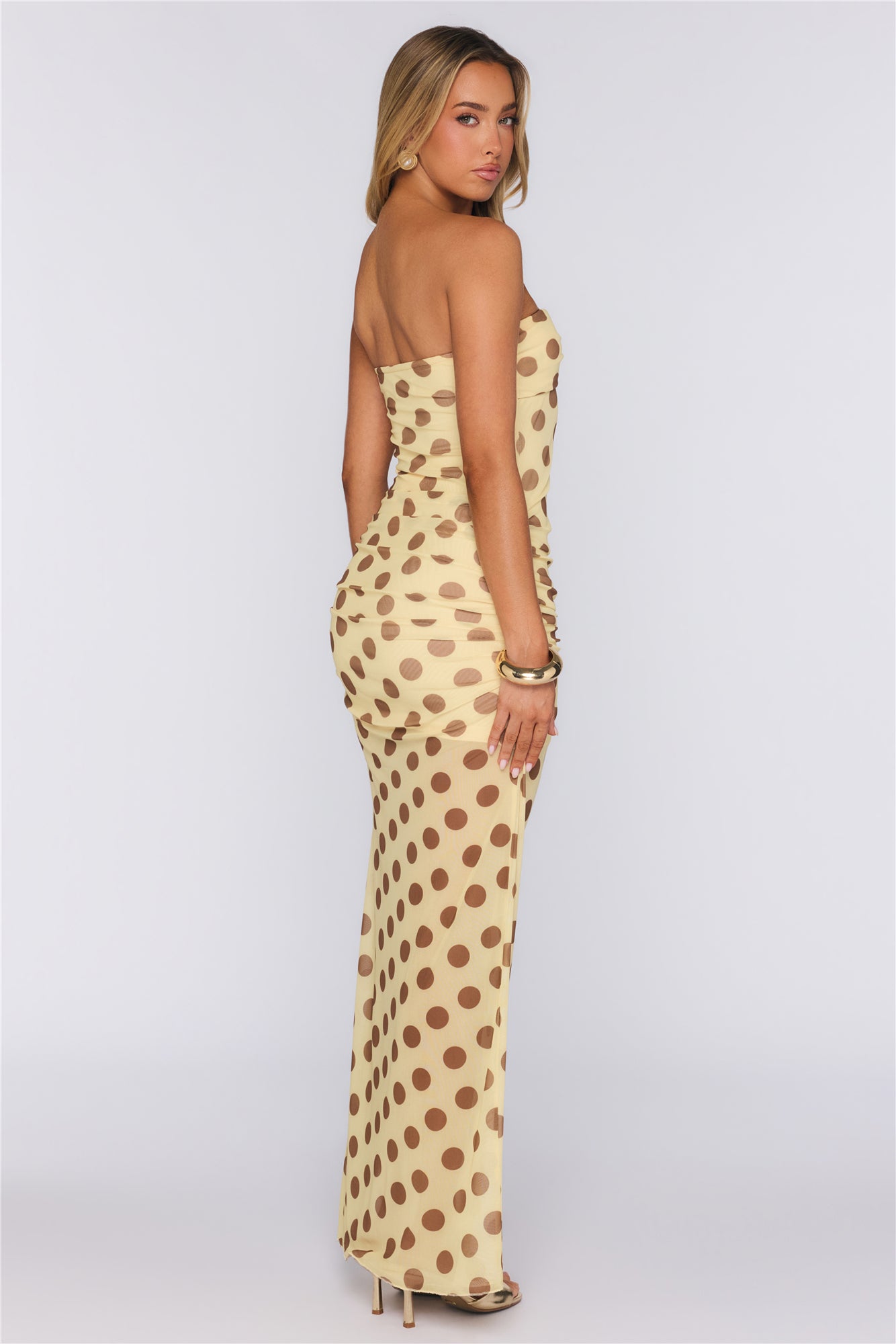 Love After Dark Mesh Polka Dot Strapless Maxi Dress Yellow