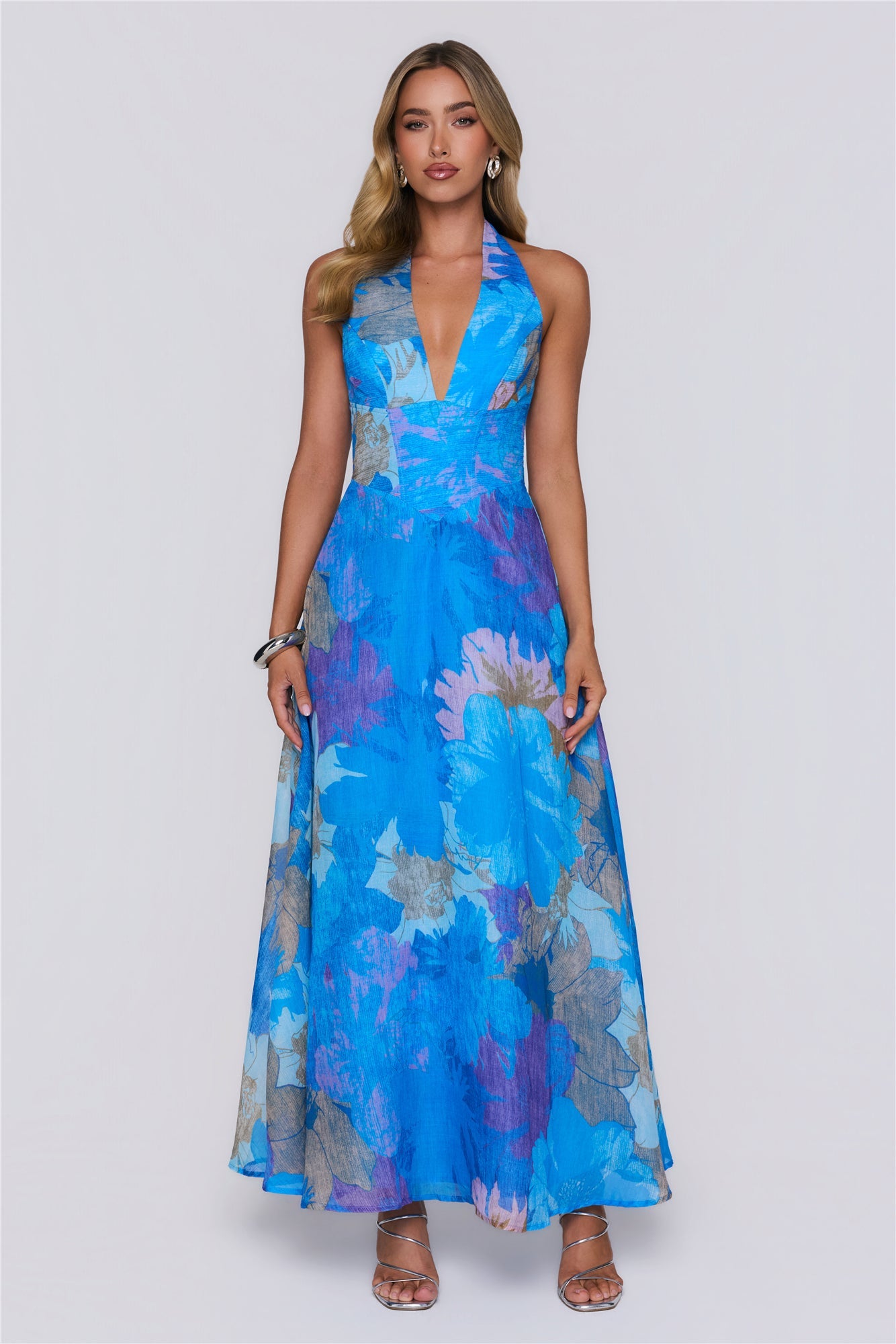 Floral Statement Halter Maxi Dress Blue