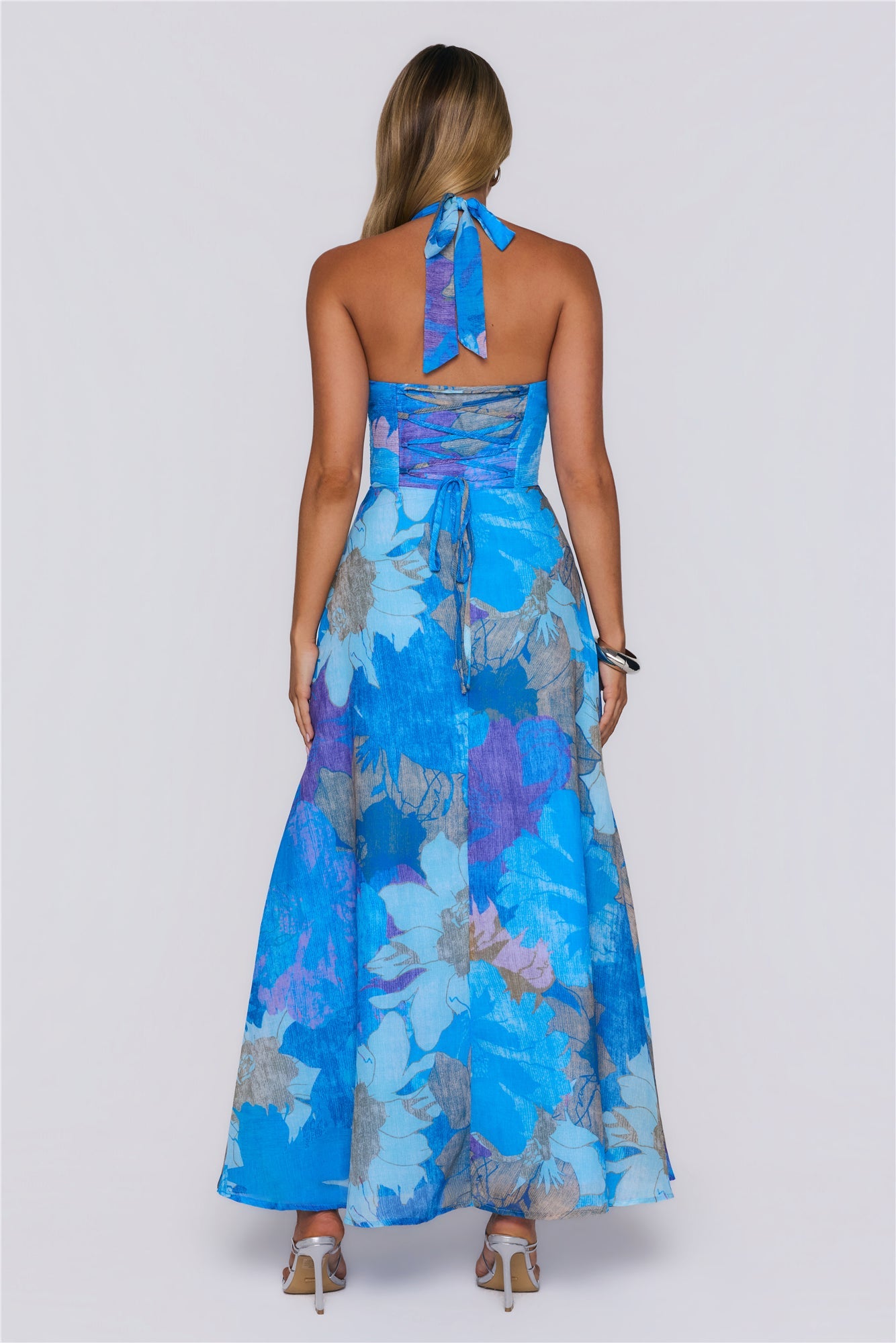 Floral Statement Halter Maxi Dress Blue