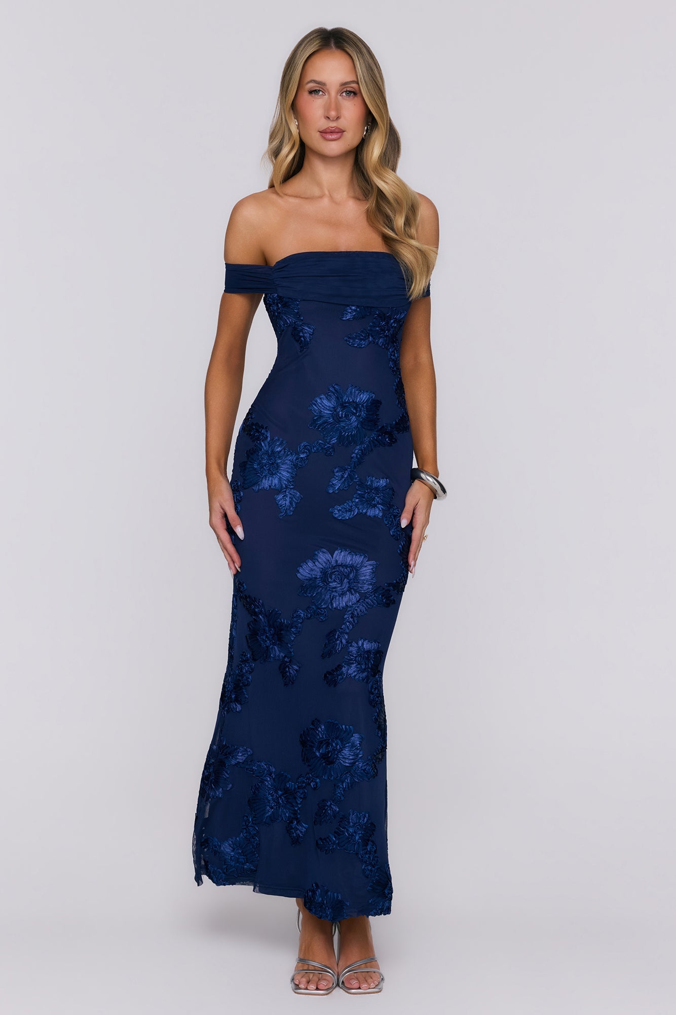 Lush Bloom Embroidered Off Shoulder Maxi Dress Navy