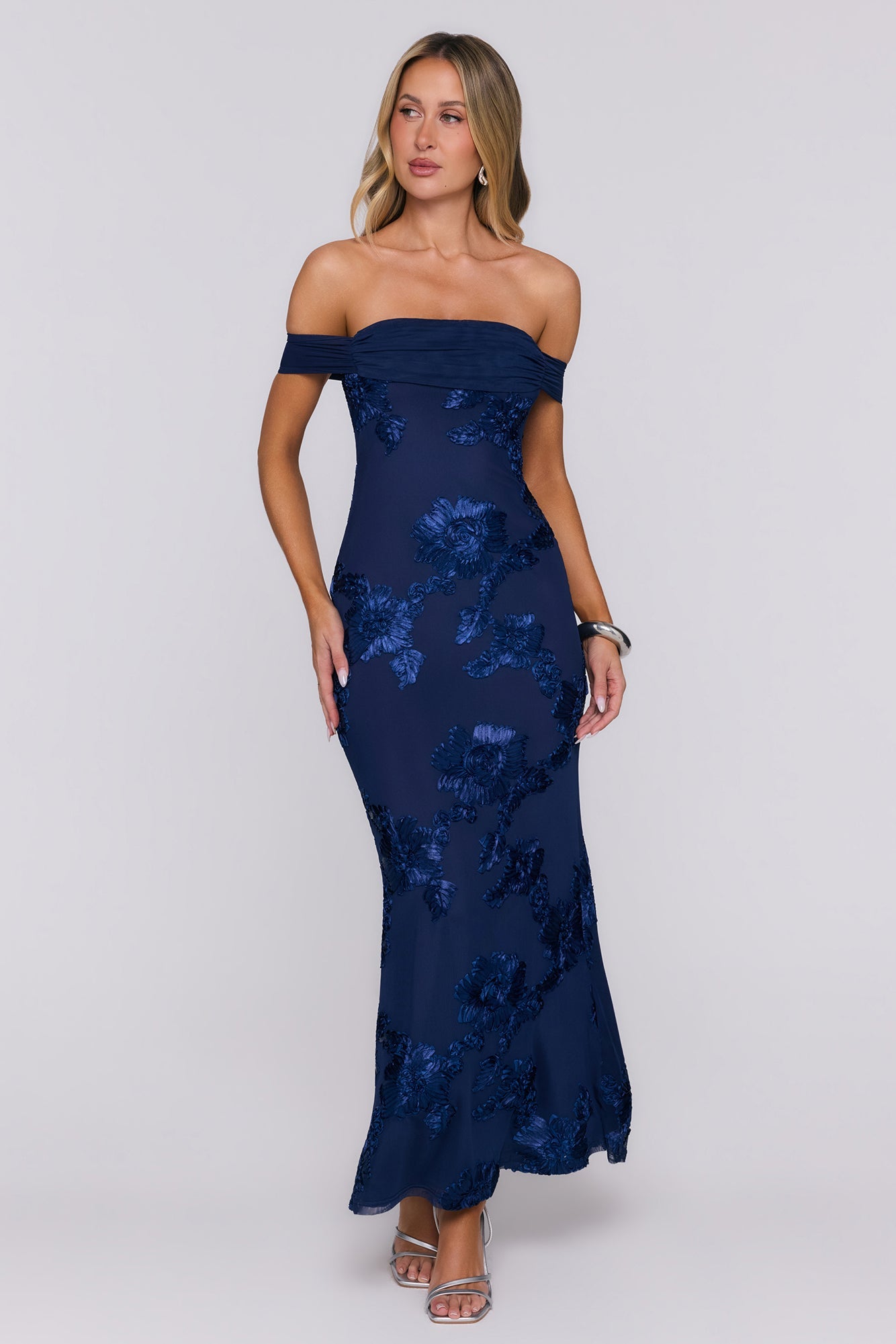 Lush Bloom Embroidered Off Shoulder Maxi Dress Navy