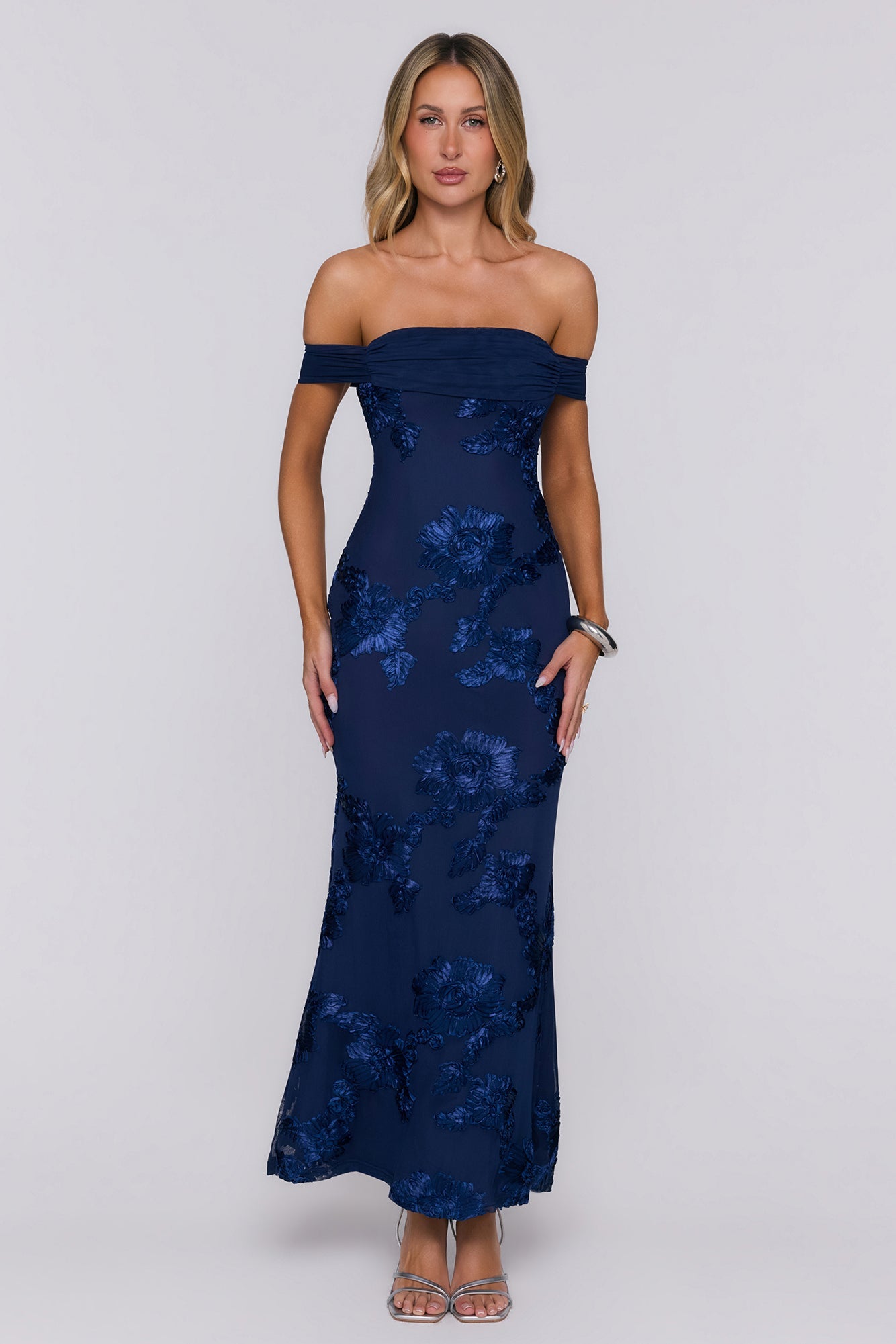 Lush Bloom Embroidered Off Shoulder Maxi Dress Navy