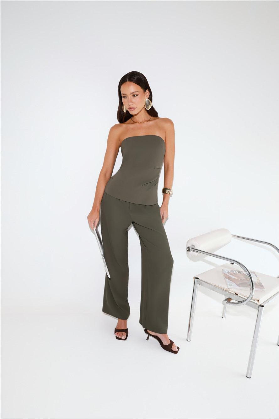 Linear Mood High Rise Straight Leg Tailored Pants Khaki