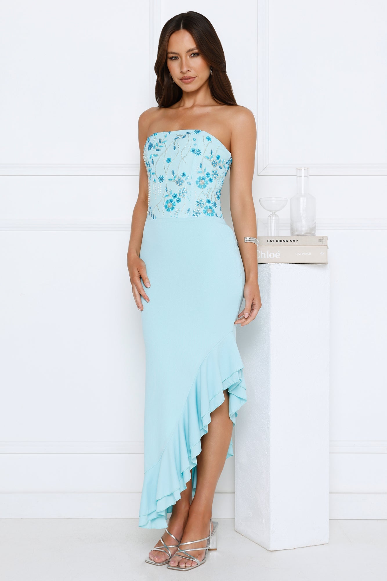 Enchanted Affection Strapless Sequin Midi Dress Blue