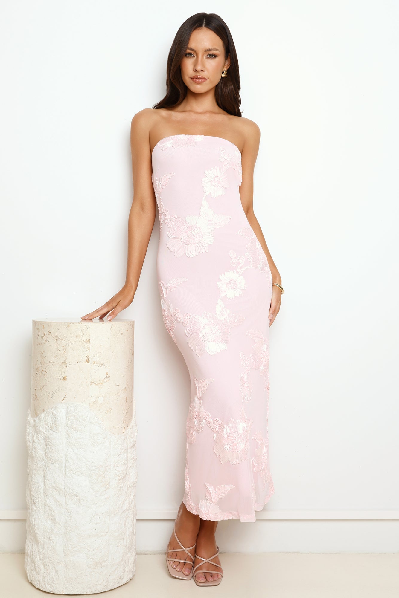 Stage Presence Strapless Mesh Maxi Dress Pink