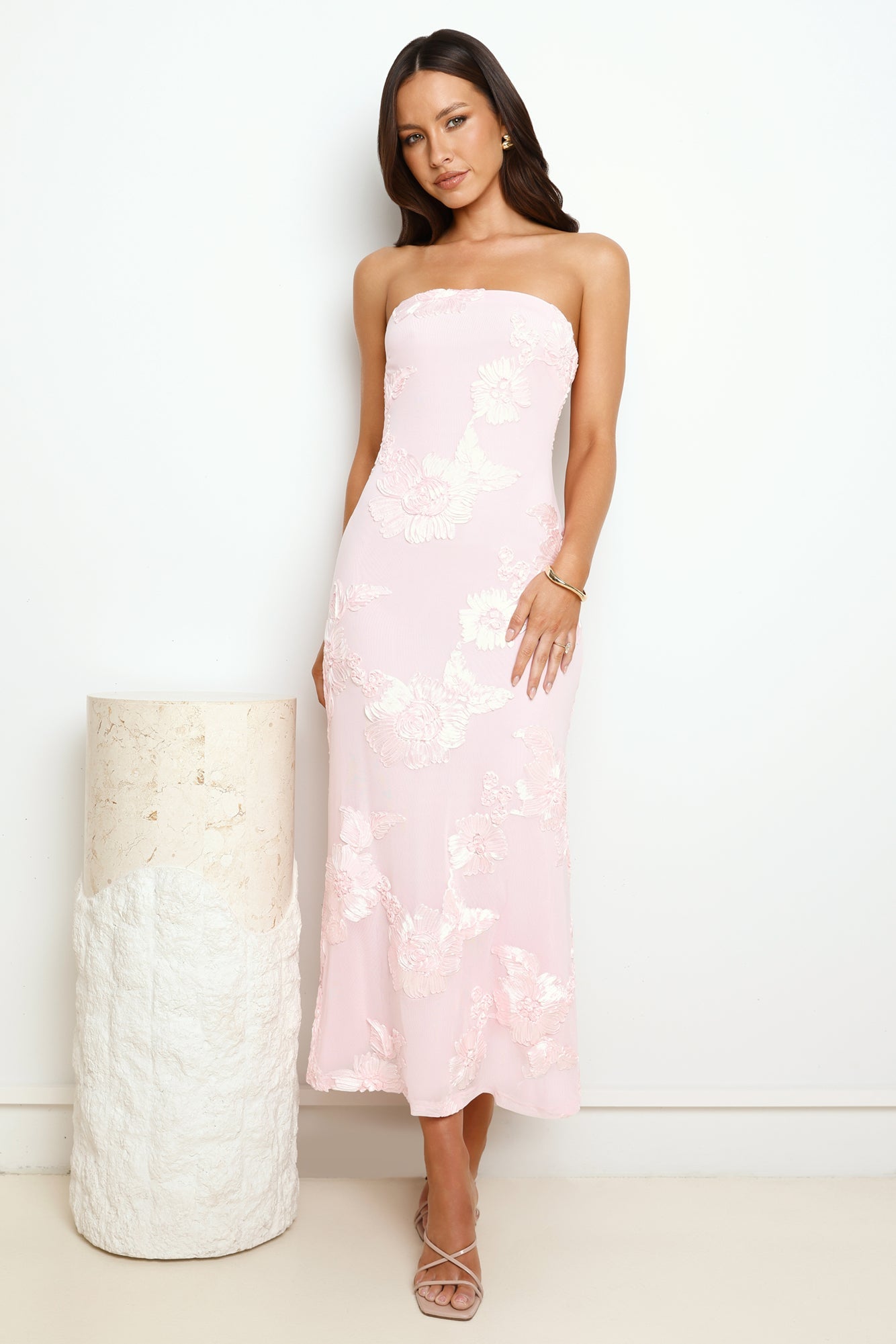 Stage Presence Strapless Mesh Maxi Dress Pink