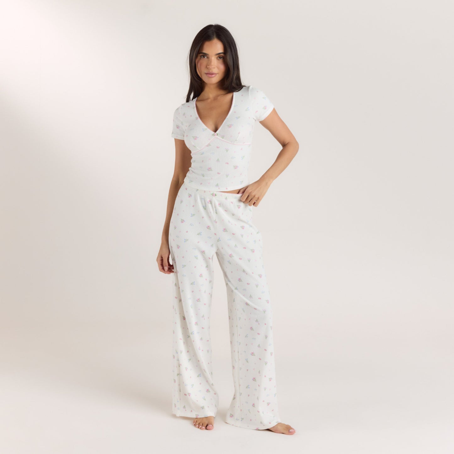 Ribbed Pyjama Bottoms - White Floral