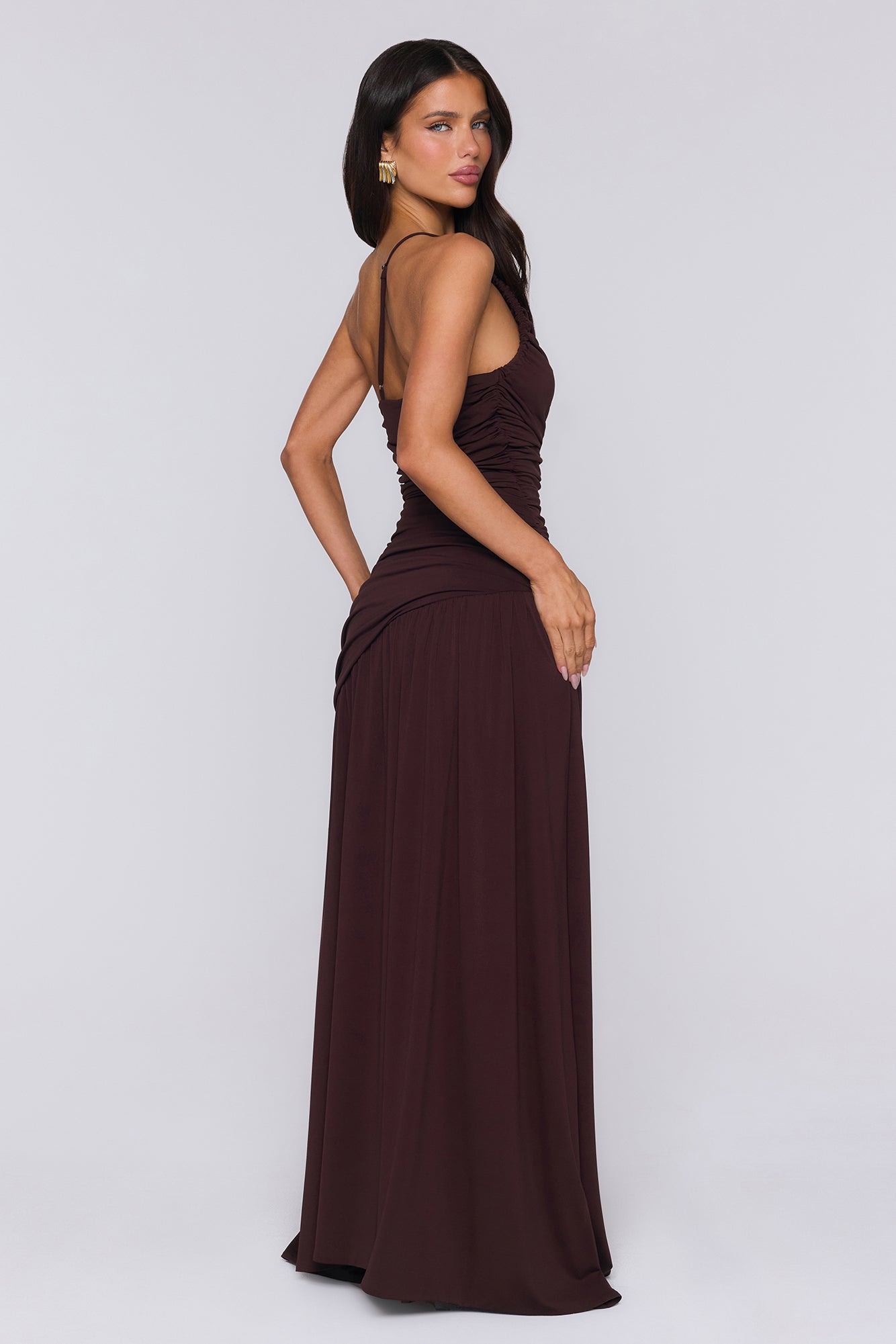 Spun In The Sun One Shoulder Maxi Dress Brown