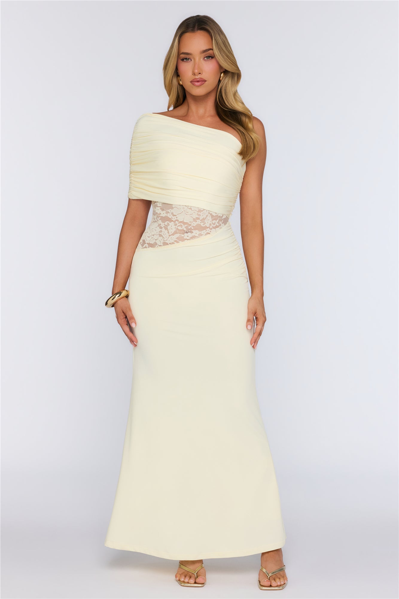 Soft Radiance Lace One Shoulder Maxi Dress Yellow