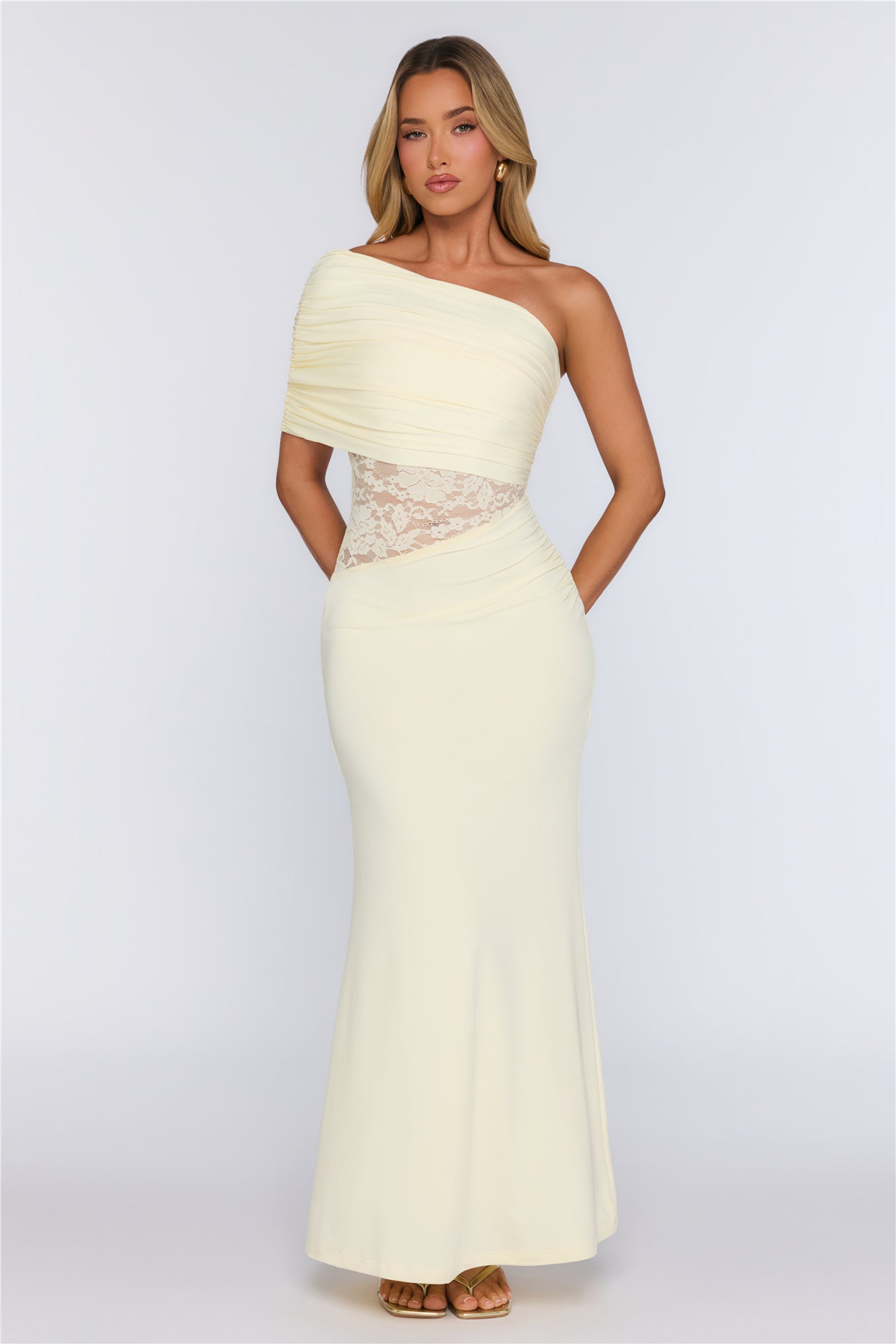 Soft Radiance Lace One Shoulder Maxi Dress Yellow