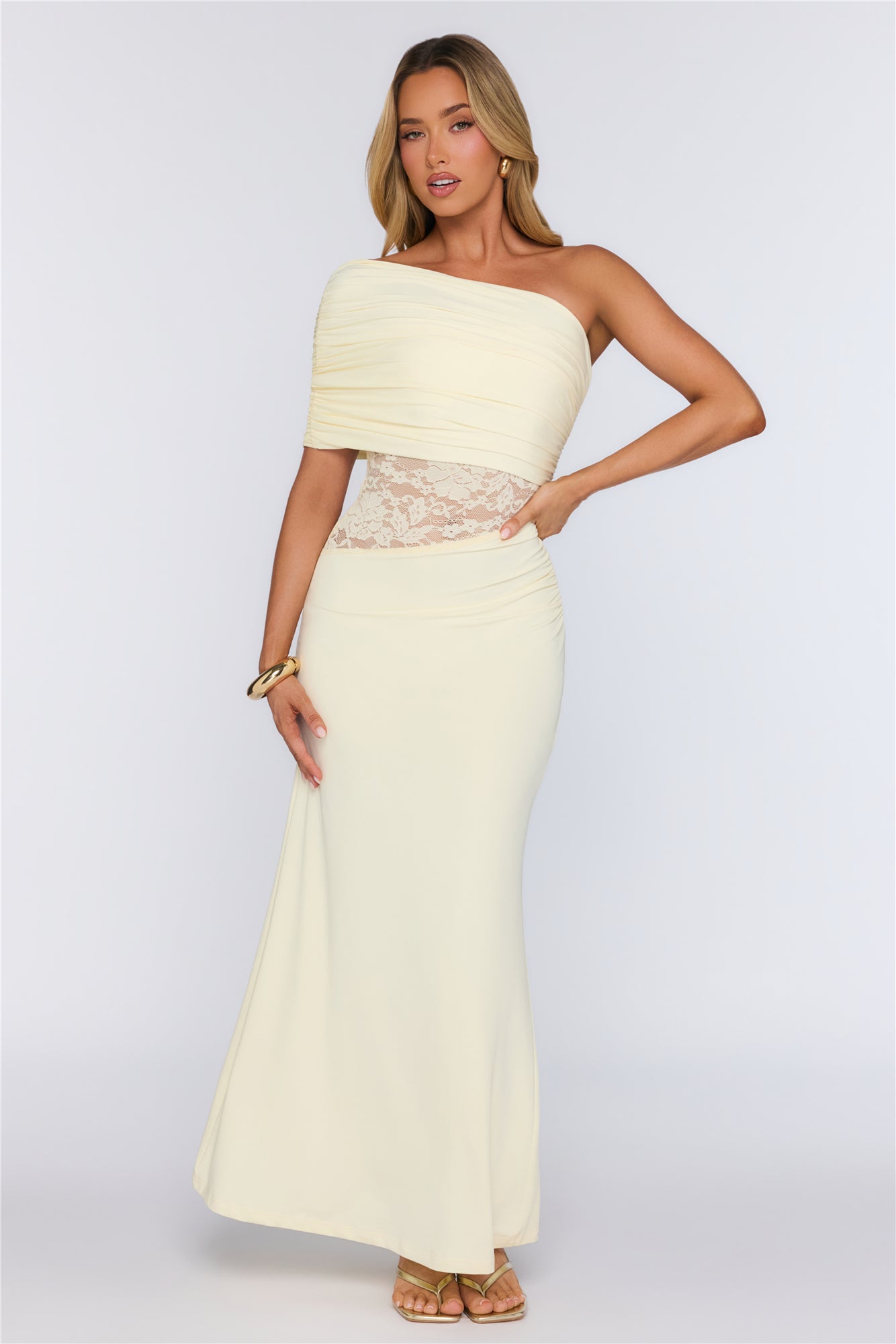 Soft Radiance Lace One Shoulder Maxi Dress Yellow