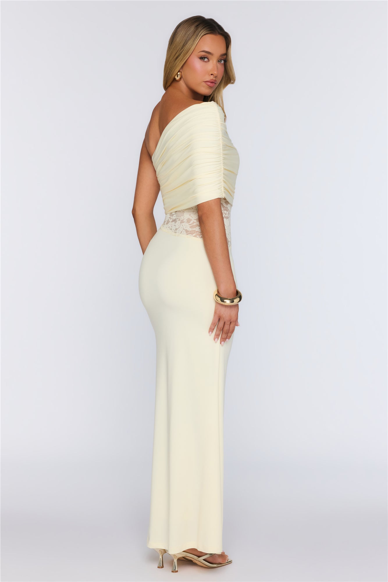 Soft Radiance Lace One Shoulder Maxi Dress Yellow