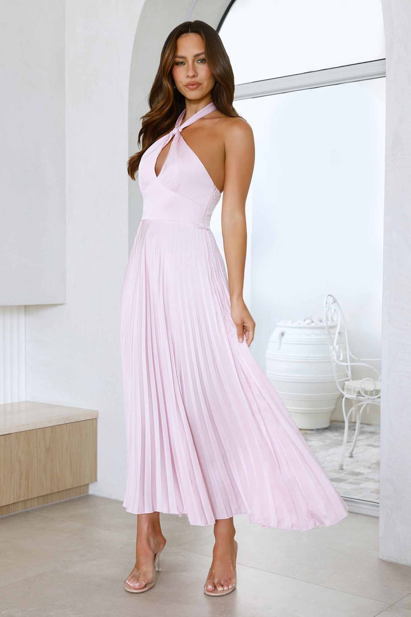 Moonlight Drive Halter Satin Maxi Dress Pink