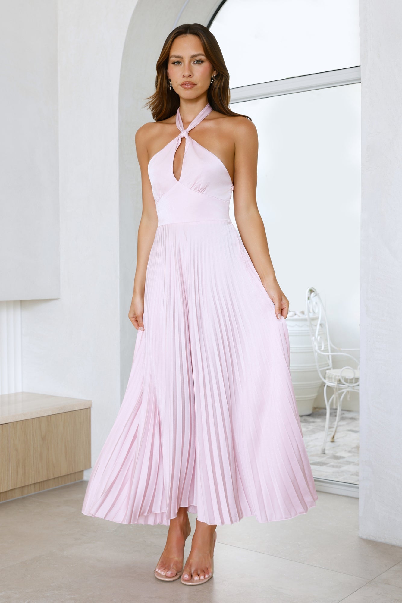 Moonlight Drive Halter Satin Maxi Dress Pink