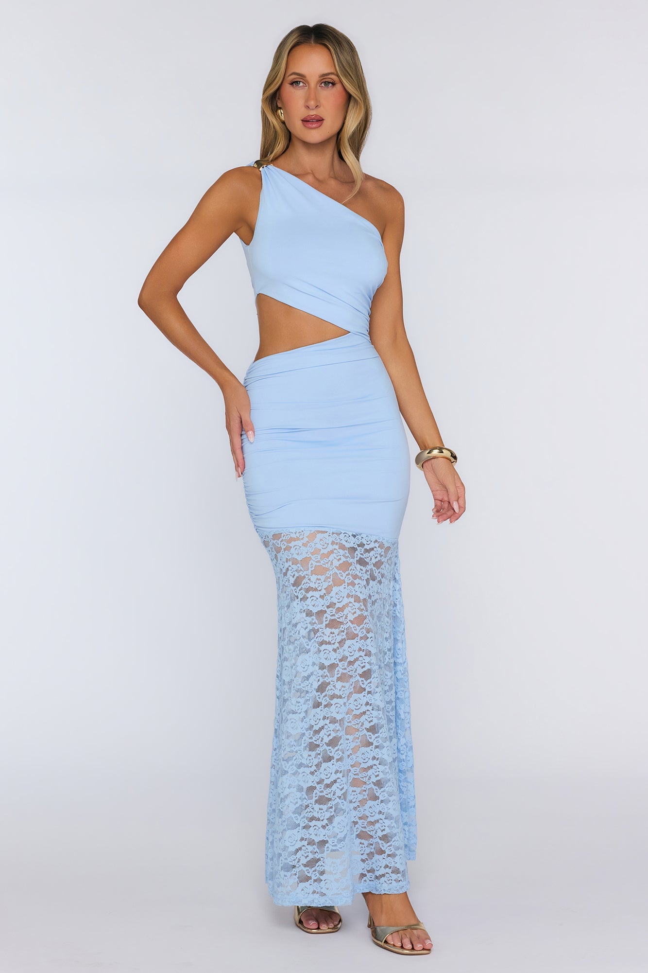 Styled Studio One Shoulder Lace Maxi Dress Blue