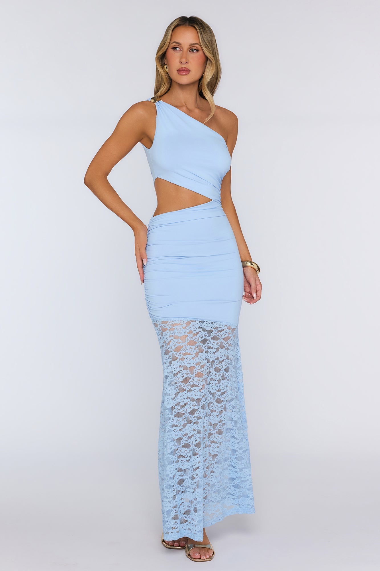 Styled Studio One Shoulder Lace Maxi Dress Blue