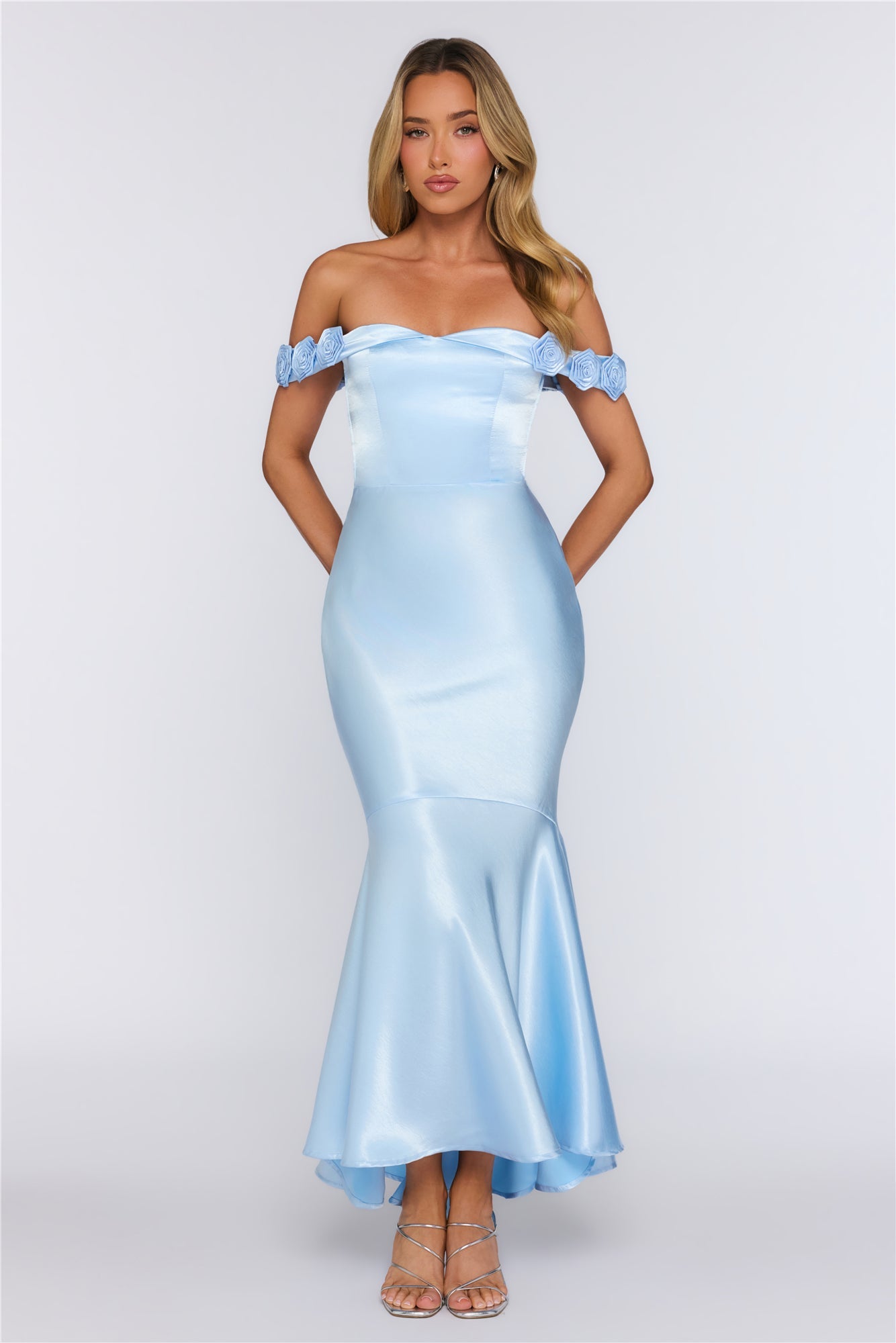 Falling Soft Satin Off Shoulder Maxi Dress Blue