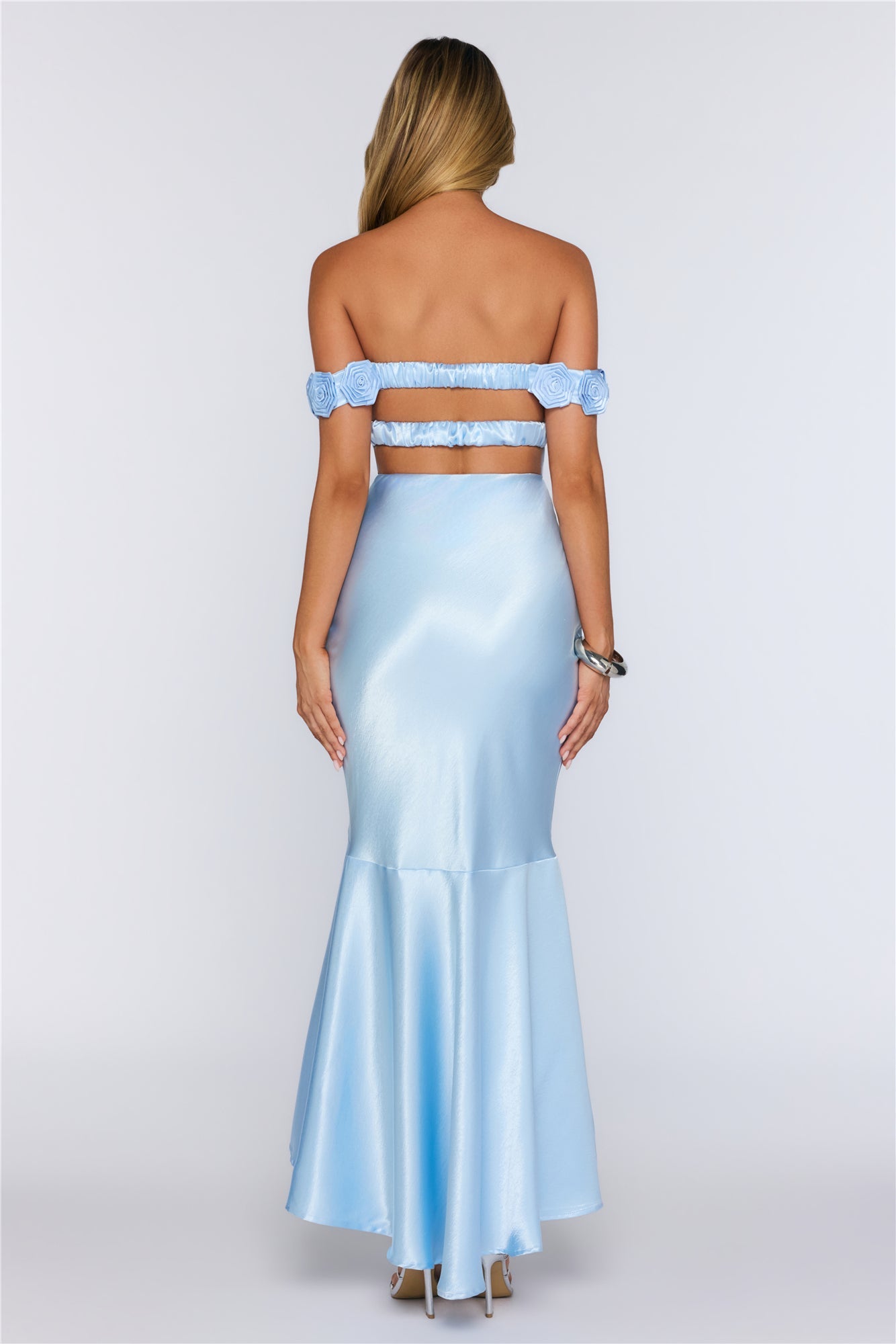Falling Soft Satin Off Shoulder Maxi Dress Blue