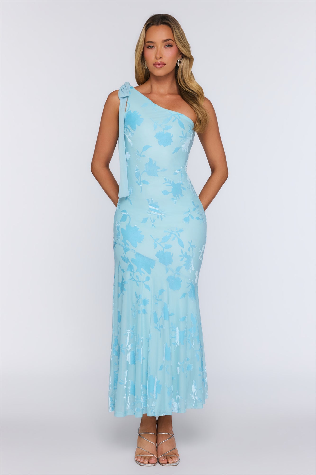 Style Notes Mesh One Shoulder Maxi Dress Blue