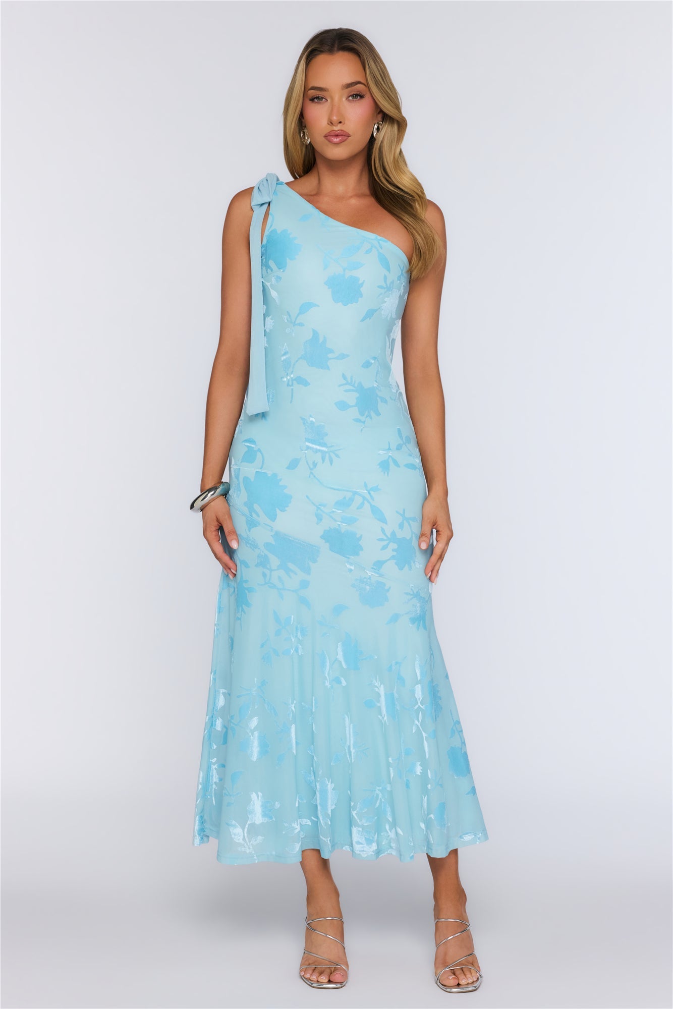 Style Notes Mesh One Shoulder Maxi Dress Blue