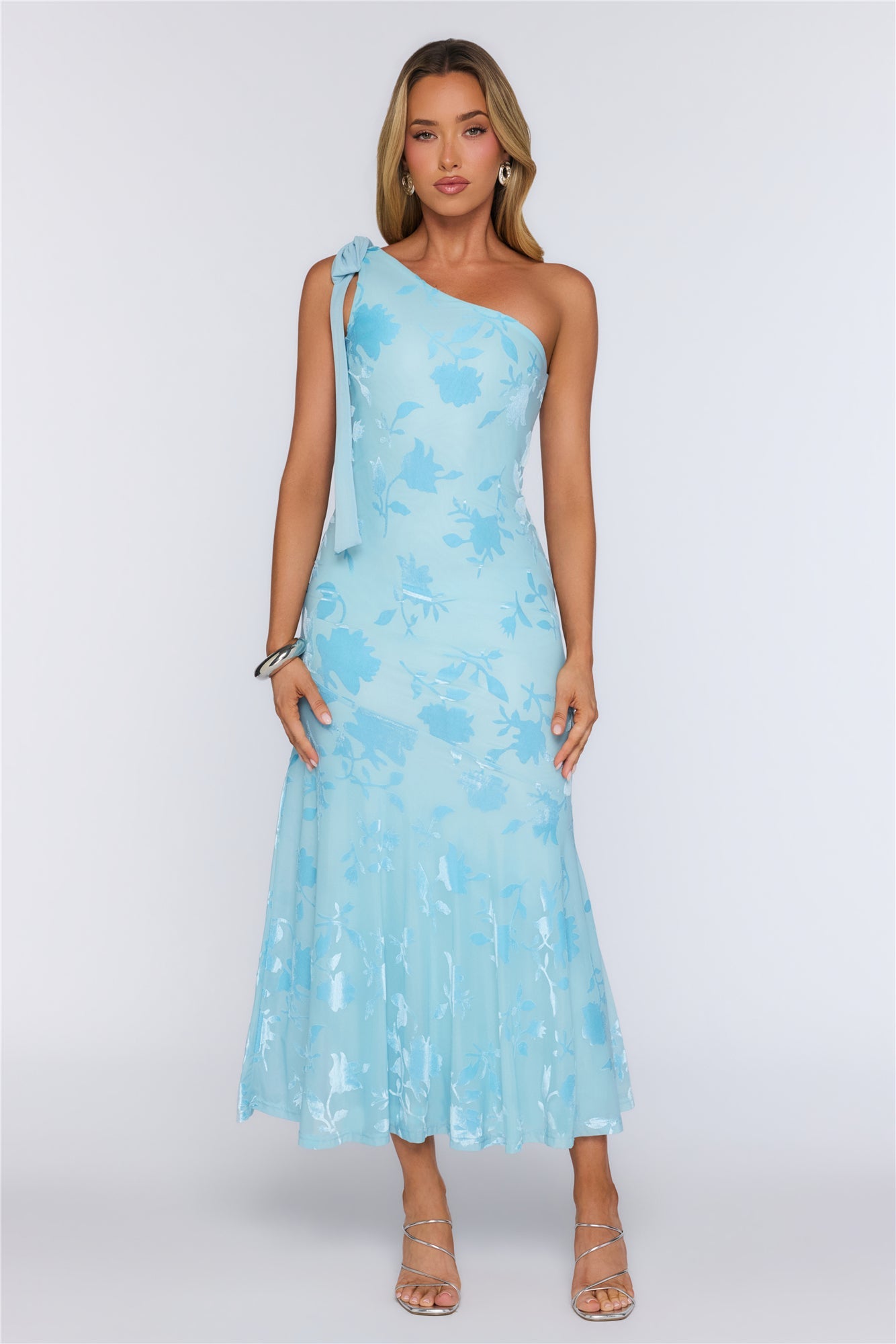 Style Notes Mesh One Shoulder Maxi Dress Blue