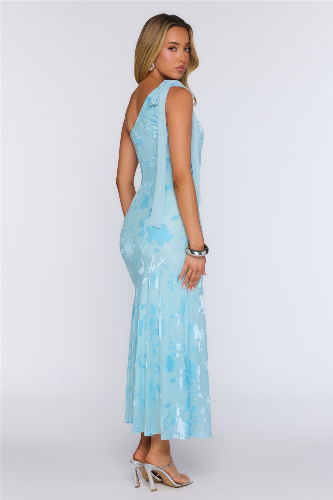 Style Notes Mesh One Shoulder Maxi Dress Blue