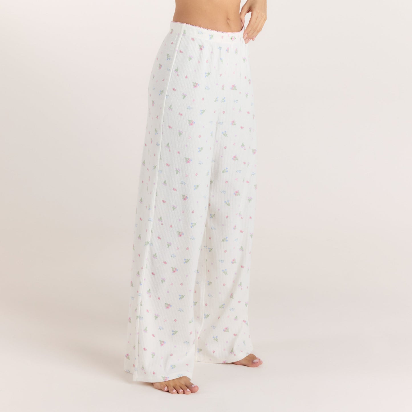Ribbed Pyjama Bottoms - White Floral