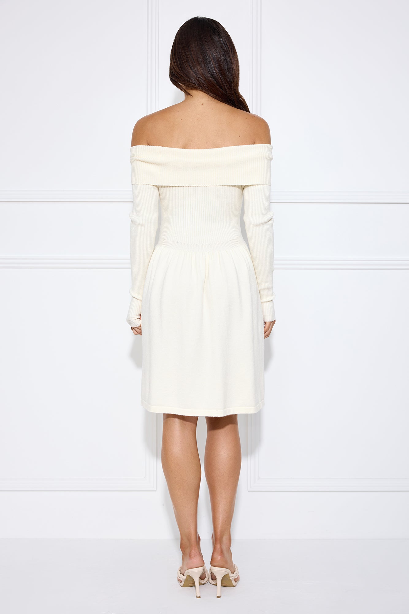 Snowlight Off Shoulder Ribbed Midi Dress Cream