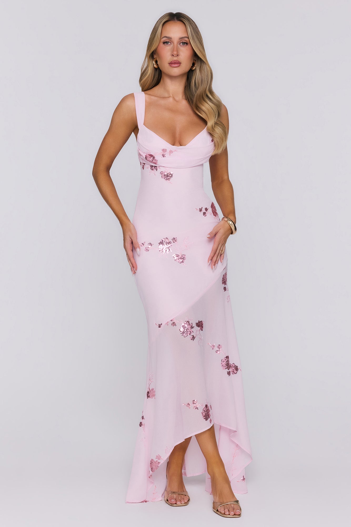 Flirty Sequin Embroidered High-Low Maxi Dress Pink
