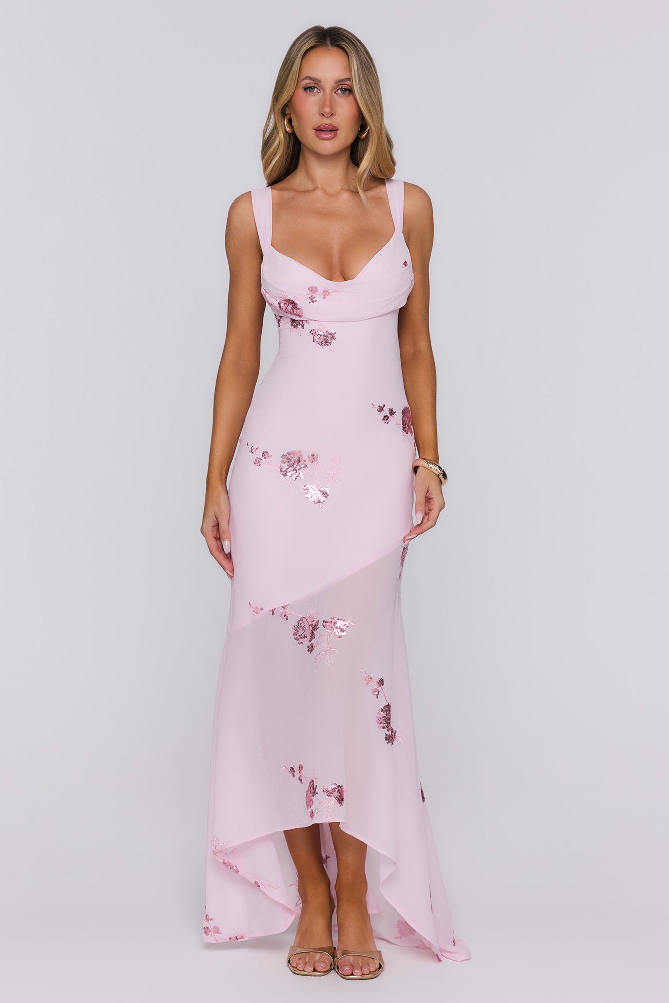 Flirty Sequin Embroidered High-Low Maxi Dress Pink