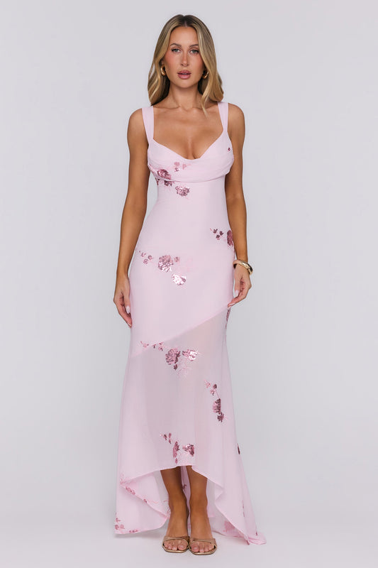 Flirty Sequin Embroidered High-Low Maxi Dress Pink
