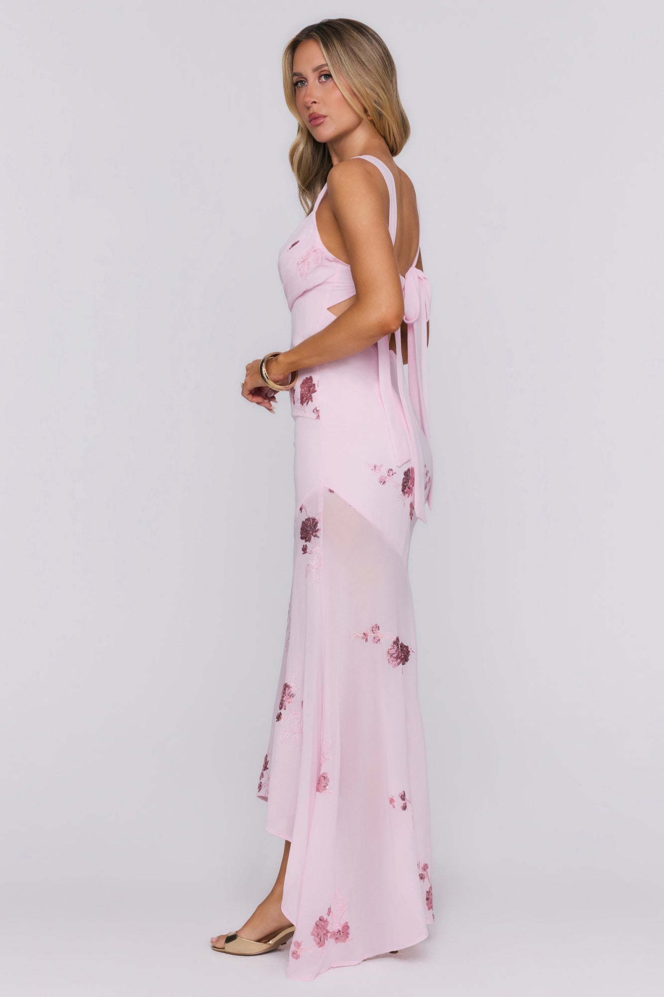 Flirty Sequin Embroidered High-Low Maxi Dress Pink