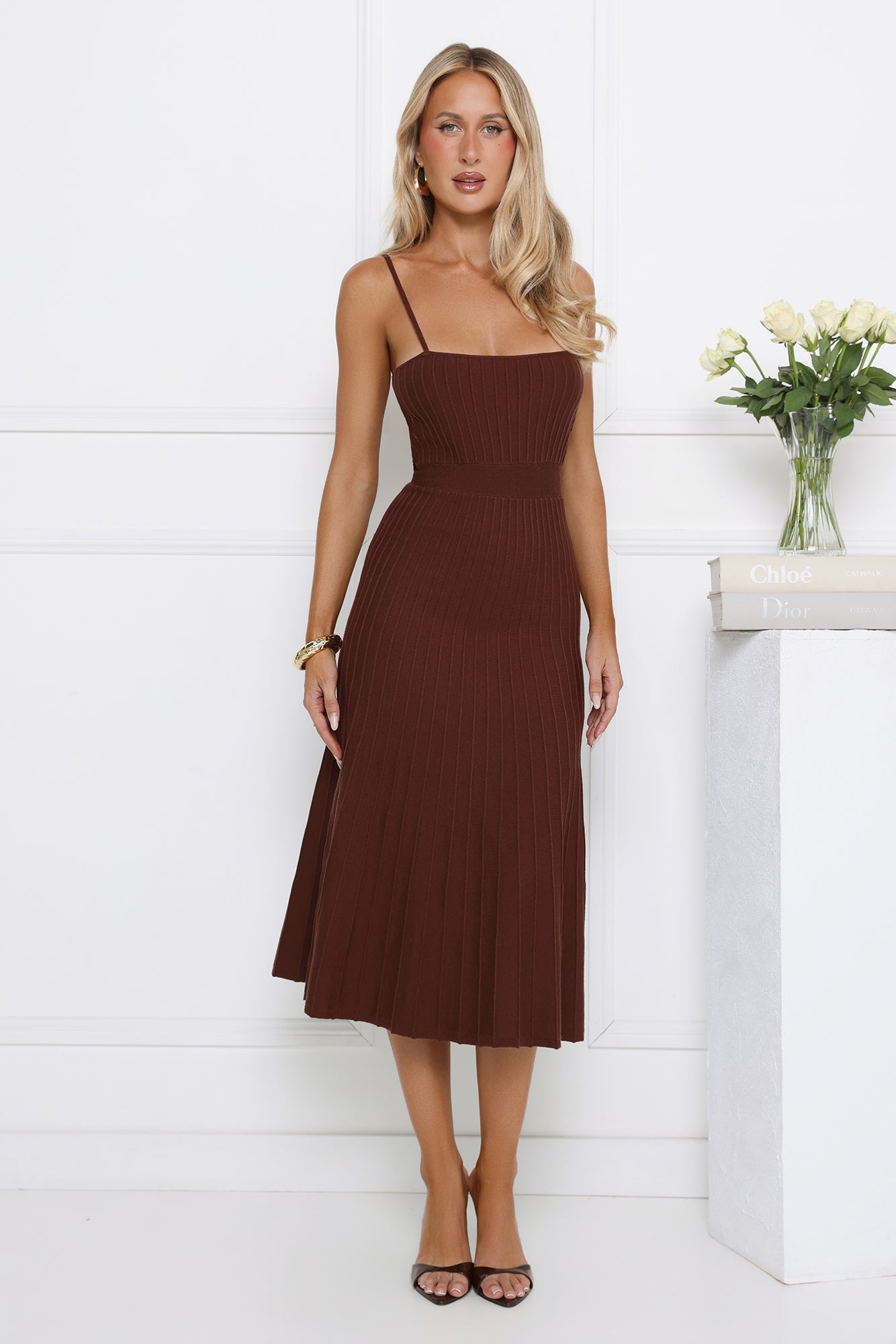 Tennis Club Knit Pleated Midi Dress Chocolate