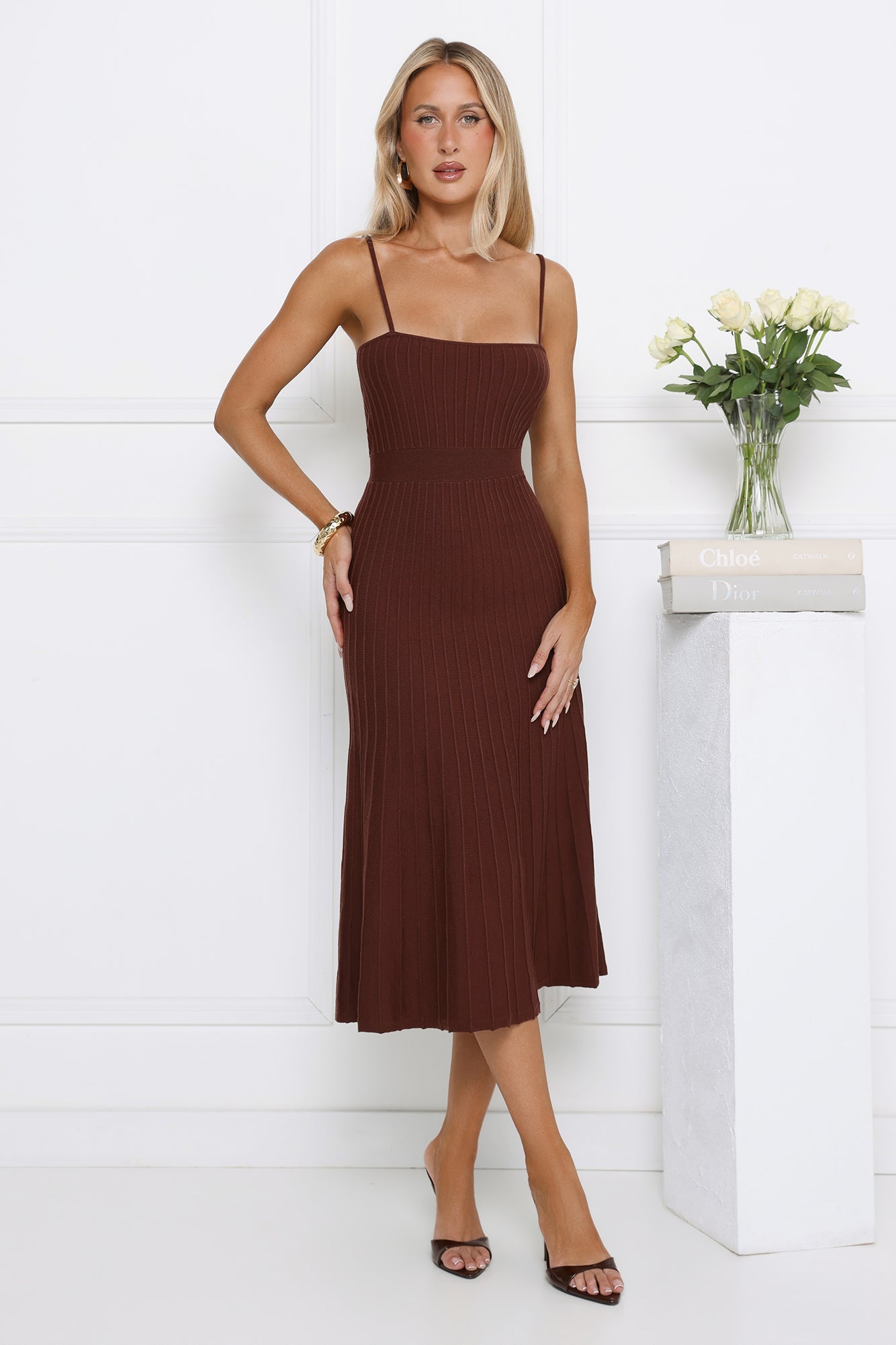 Tennis Club Knit Pleated Midi Dress Chocolate