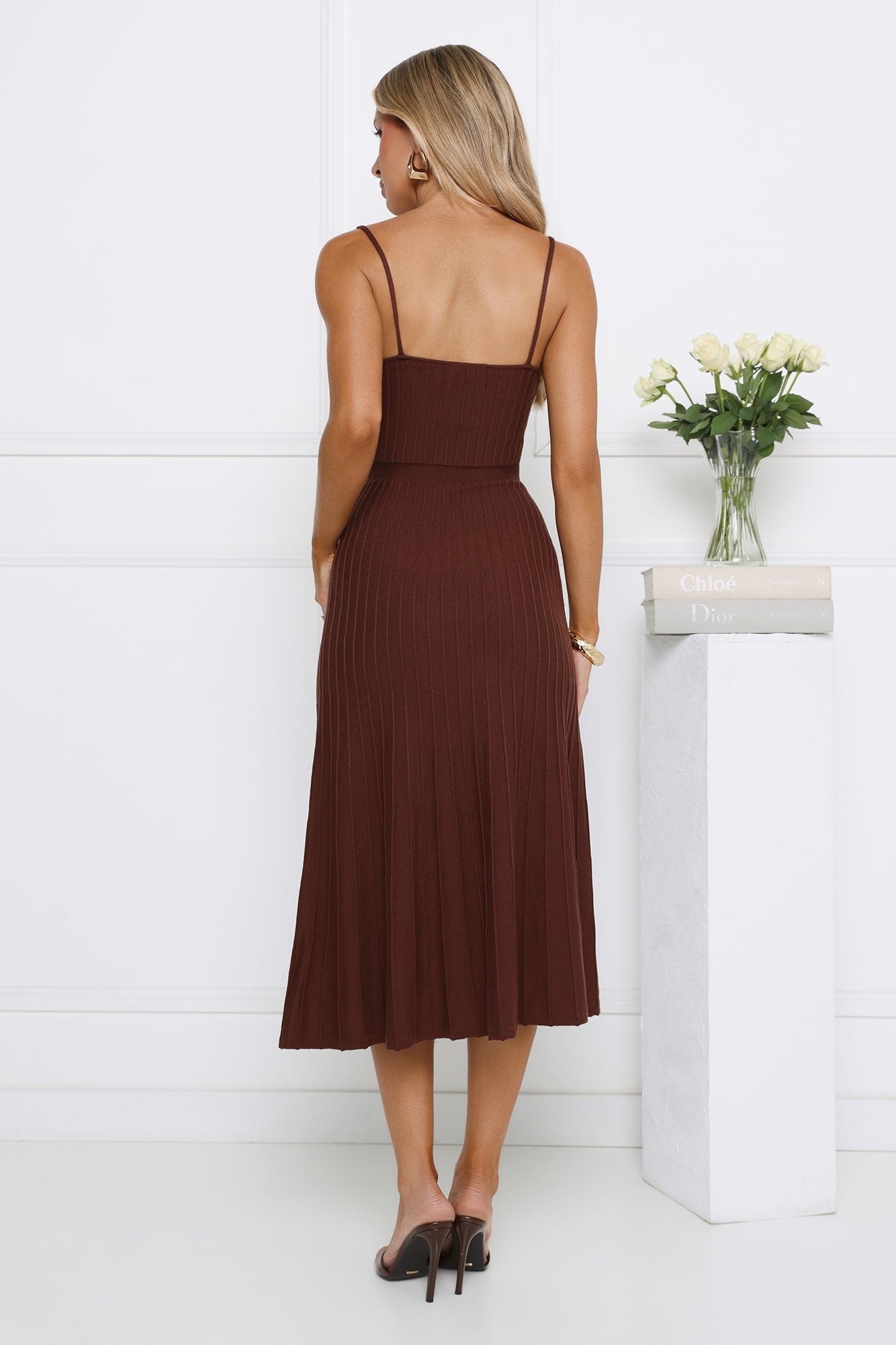 Tennis Club Knit Pleated Midi Dress Chocolate