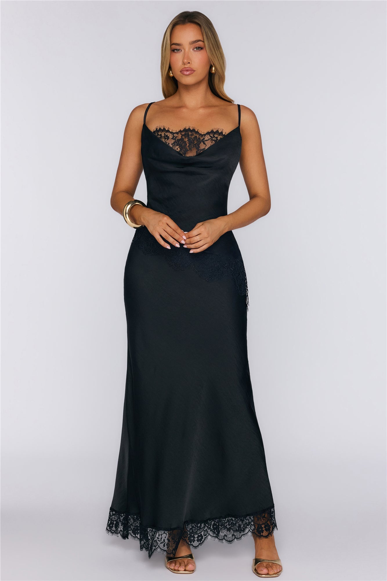 Charm Society Satin Lace Maxi Dress Black