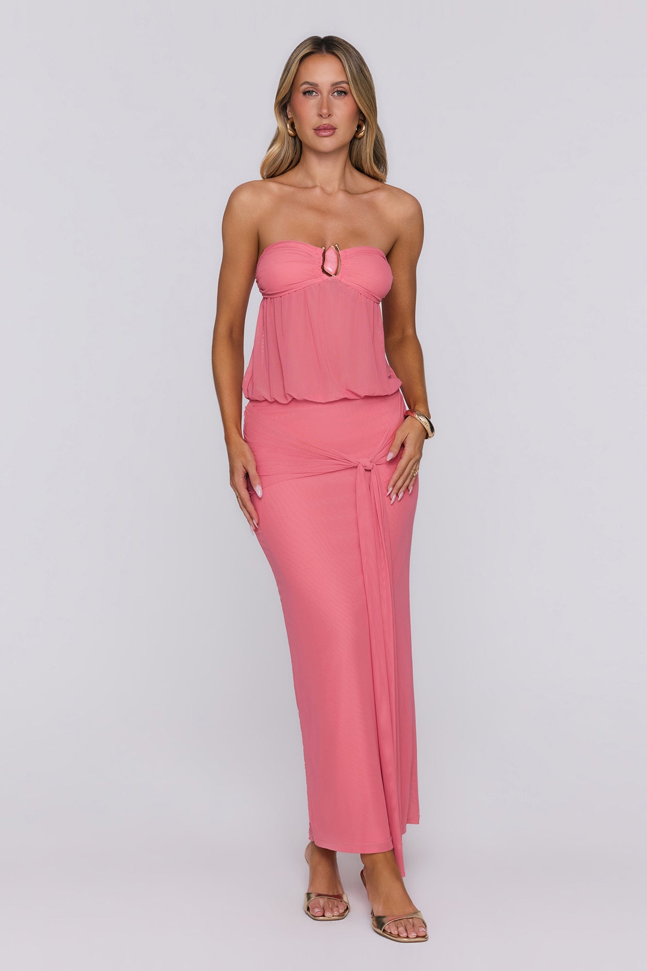 Self Made Aura Strapless Mesh Maxi Dress Pink