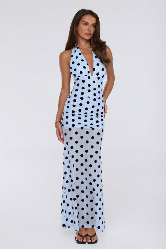 Dancefloor Diaries Halter Polka Dot Maxi Dress Blue