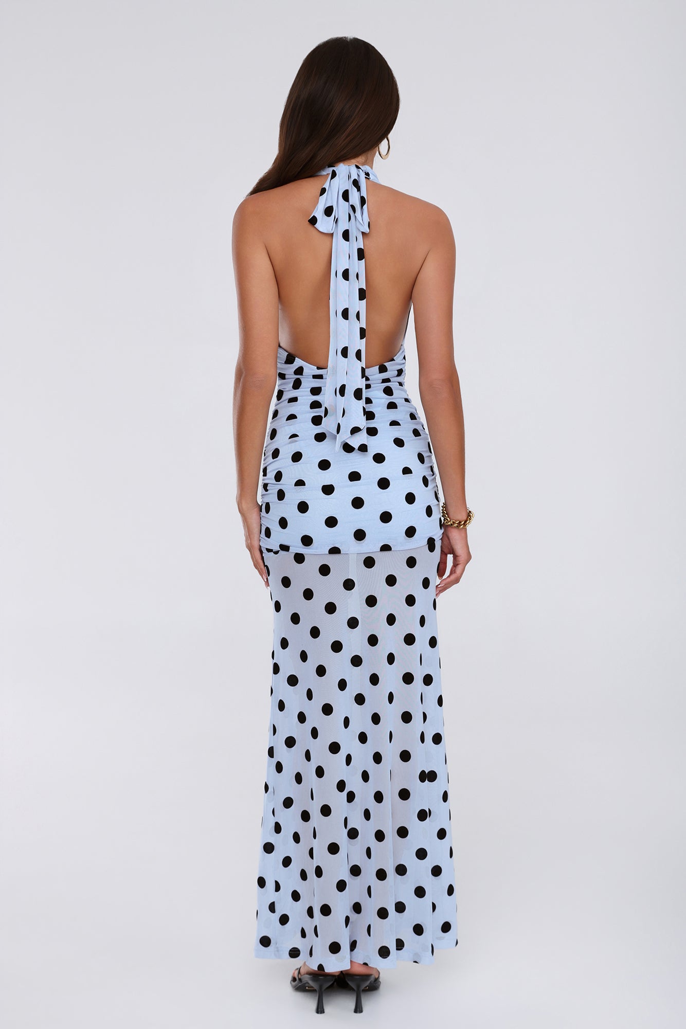 Dancefloor Diaries Halter Polka Dot Maxi Dress Blue
