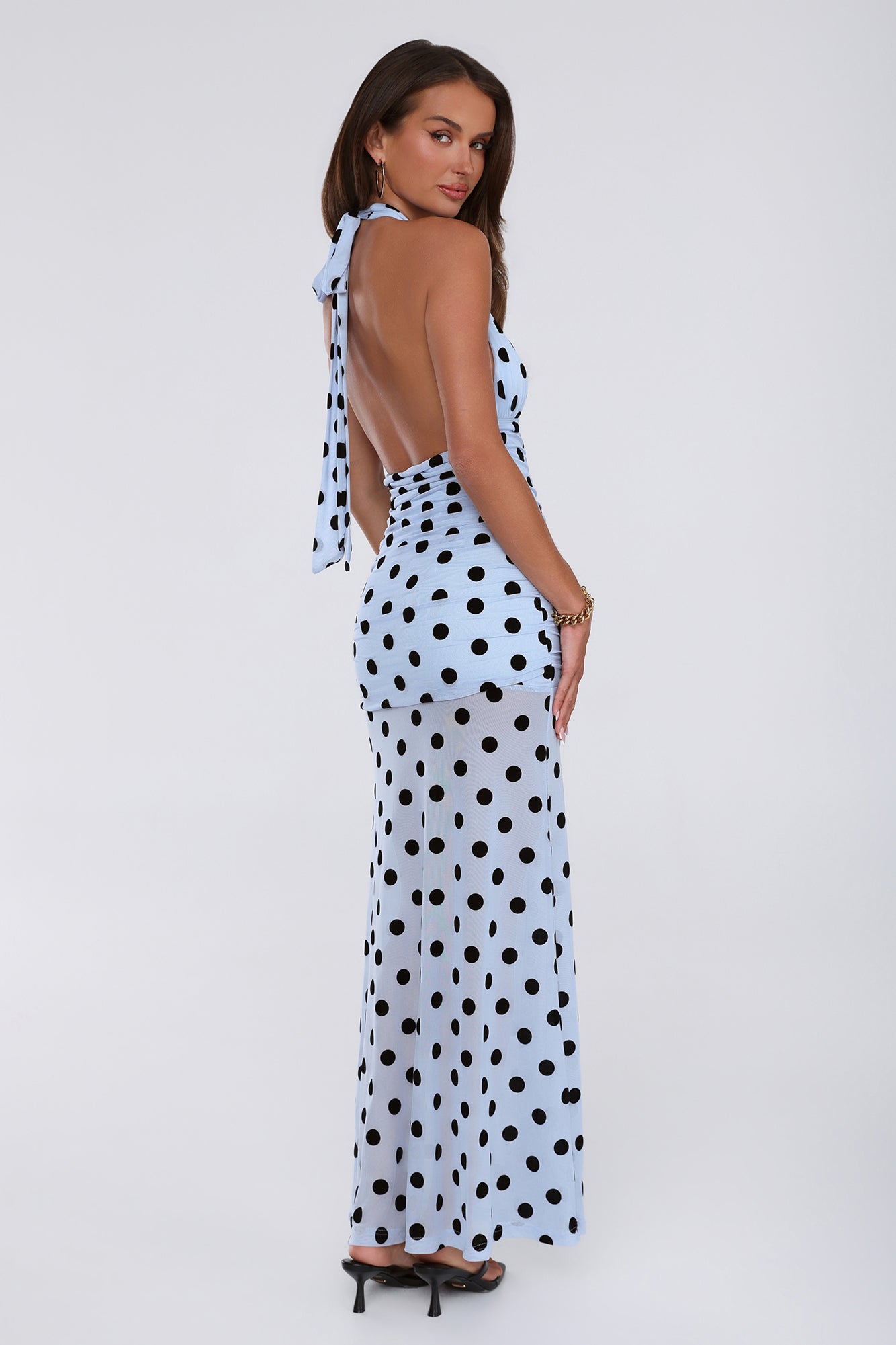 Dancefloor Diaries Halter Polka Dot Maxi Dress Blue